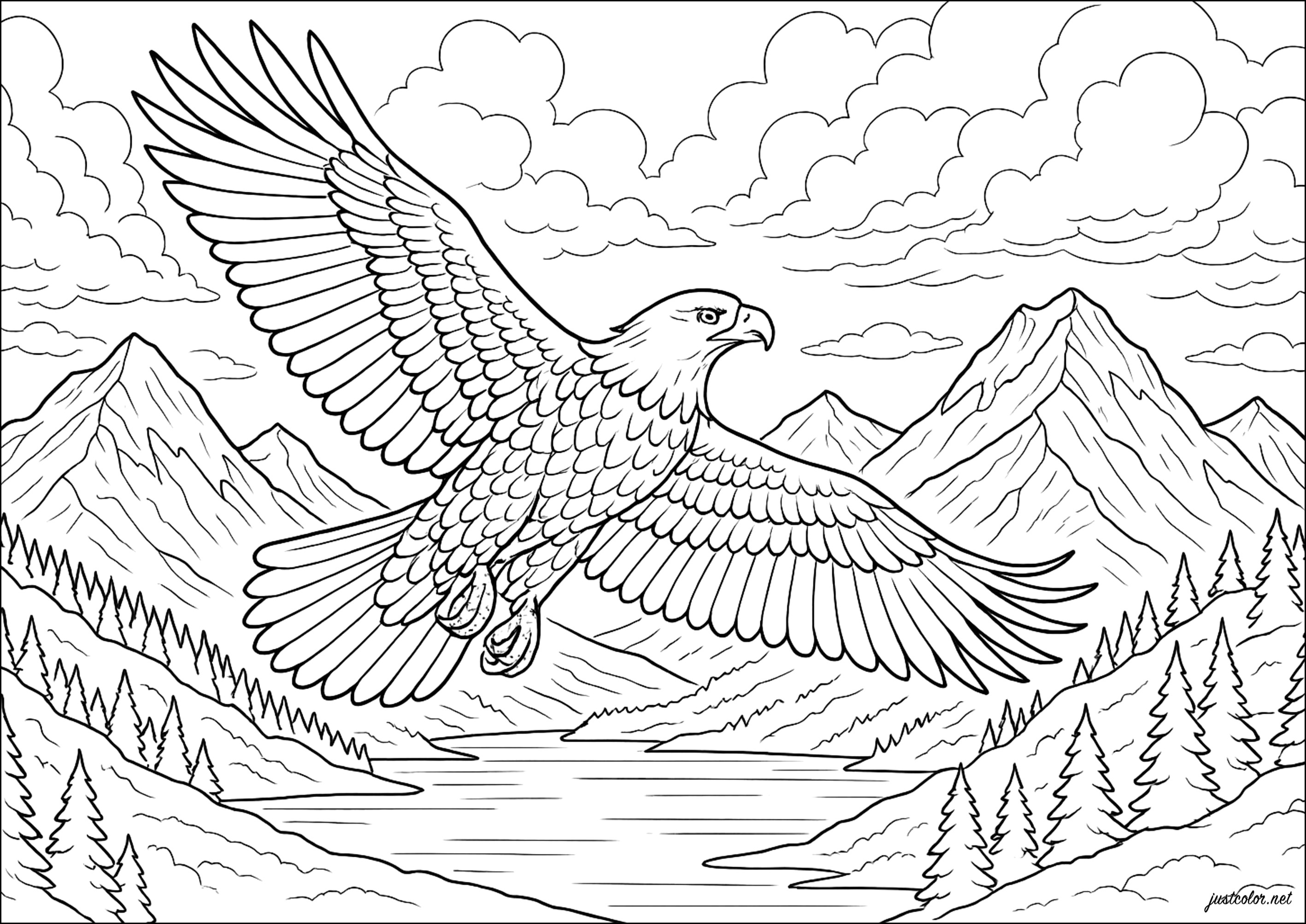 Der Königliche Adler und die Gipfel (Ausmalbild von Vögel zum Ausdrucken und Ausmalen für Erwachsene)