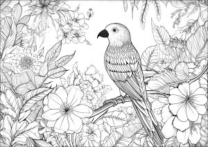 Schöner Vogel und blumiger Hintergrund (Ausmalbild)
