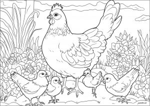 Hühner und Küken (Ausmalbild von Vögel)