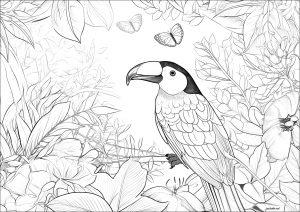 Tropische Vögel und schöne Vegetation (Ausmalbild)