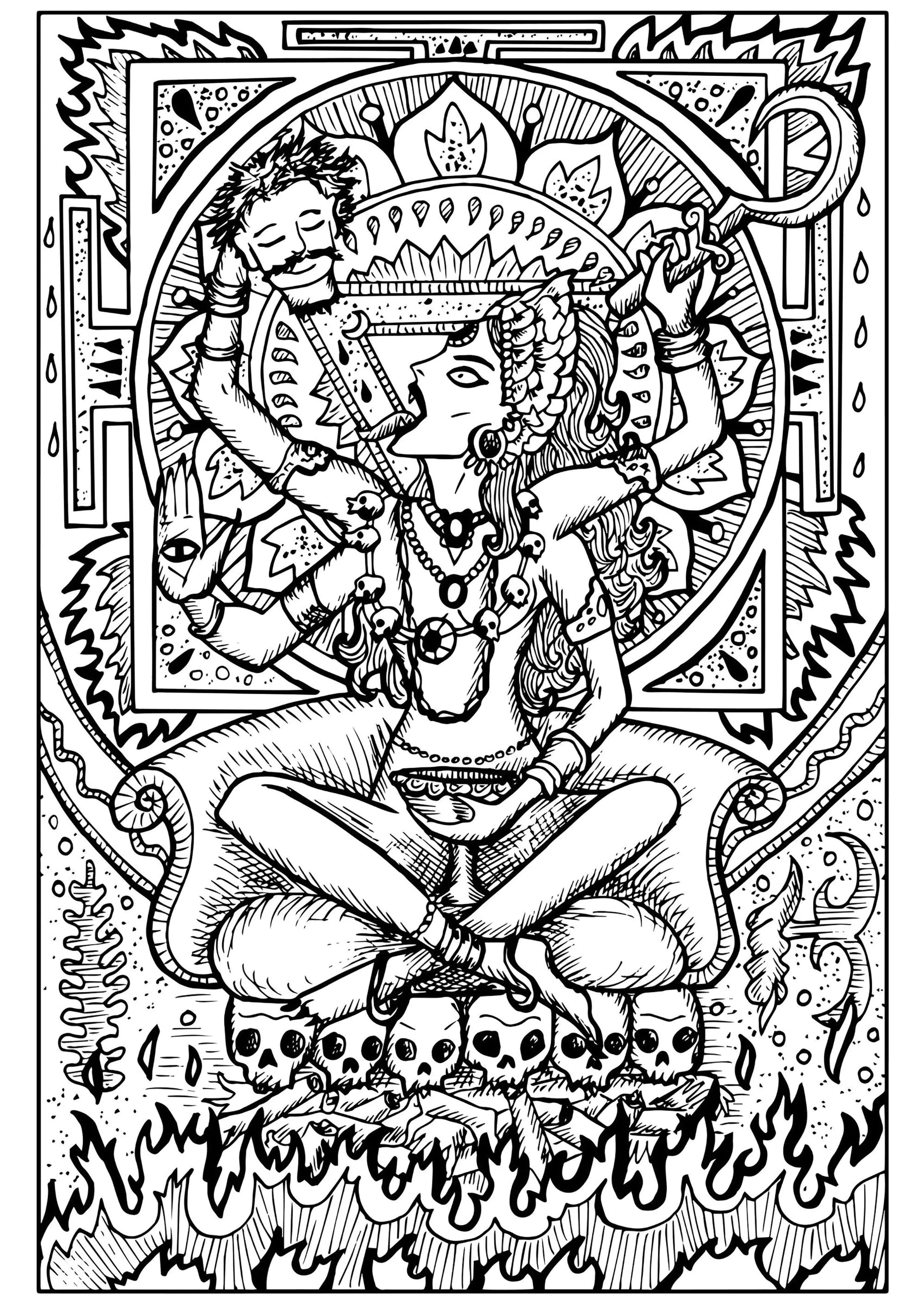Hindu-Göttin Kali (Ausmalbild von Indien & Bollywoood zum Ausdrucken und Ausmalen für Erwachsene)