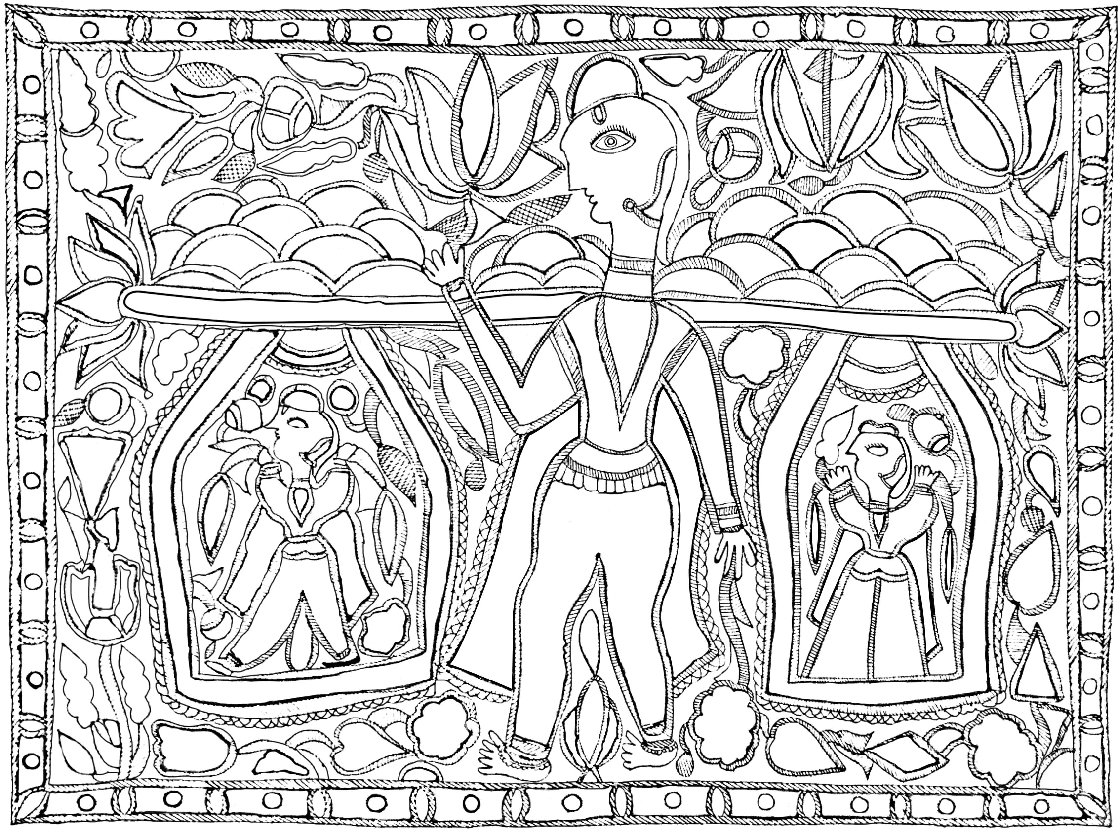 Madhubani-Malerei (Ausmalbild von Indien & Bollywoood zum Ausdrucken und Ausmalen für Erwachsene)