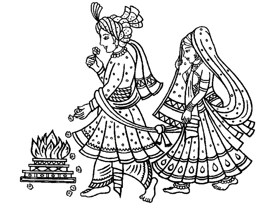 Bei traditionellen indischen Hochzeiten gehen die Braut und der Bräutigam sieben Mal um das Feuer herum und binden ihre Tücher zusammen.