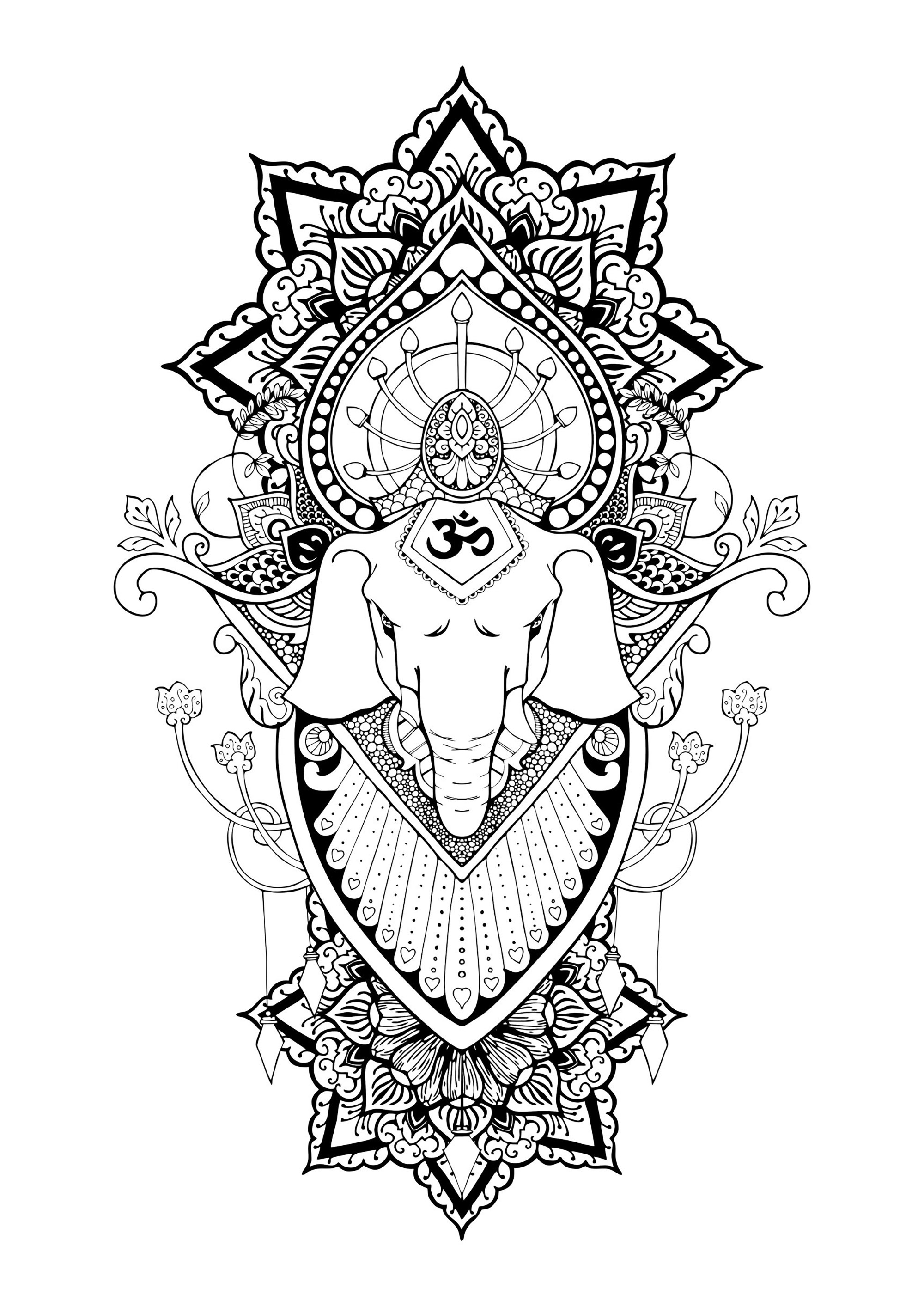 Ganesha ist eine der bekanntesten und am meisten verehrten Gottheiten des hinduistischen Pantheons.  In dieser Malvorlage ist nur sein Kopf dargestellt, mit schönen Mandalas und eleganten Mustern