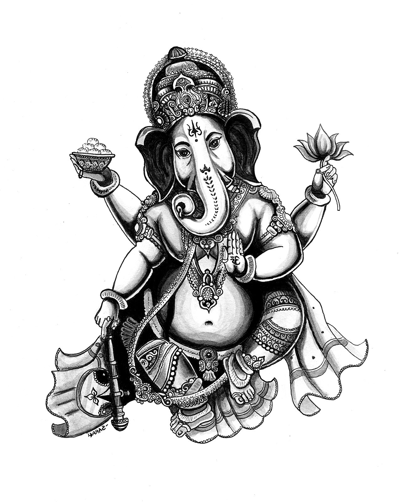 Ausmalbild von Ganesha, Gott der Weisheit, des Bewusstseins und der Intelligenz