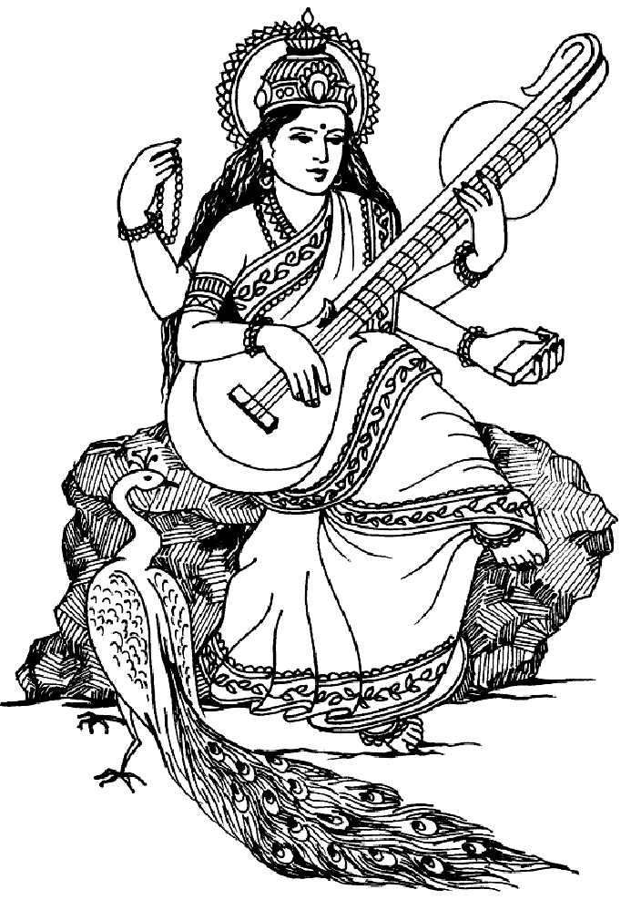 Saraswati, die hinduistische Göttin des Wissens und der Musik, mit seinem Instrument in der Hand
