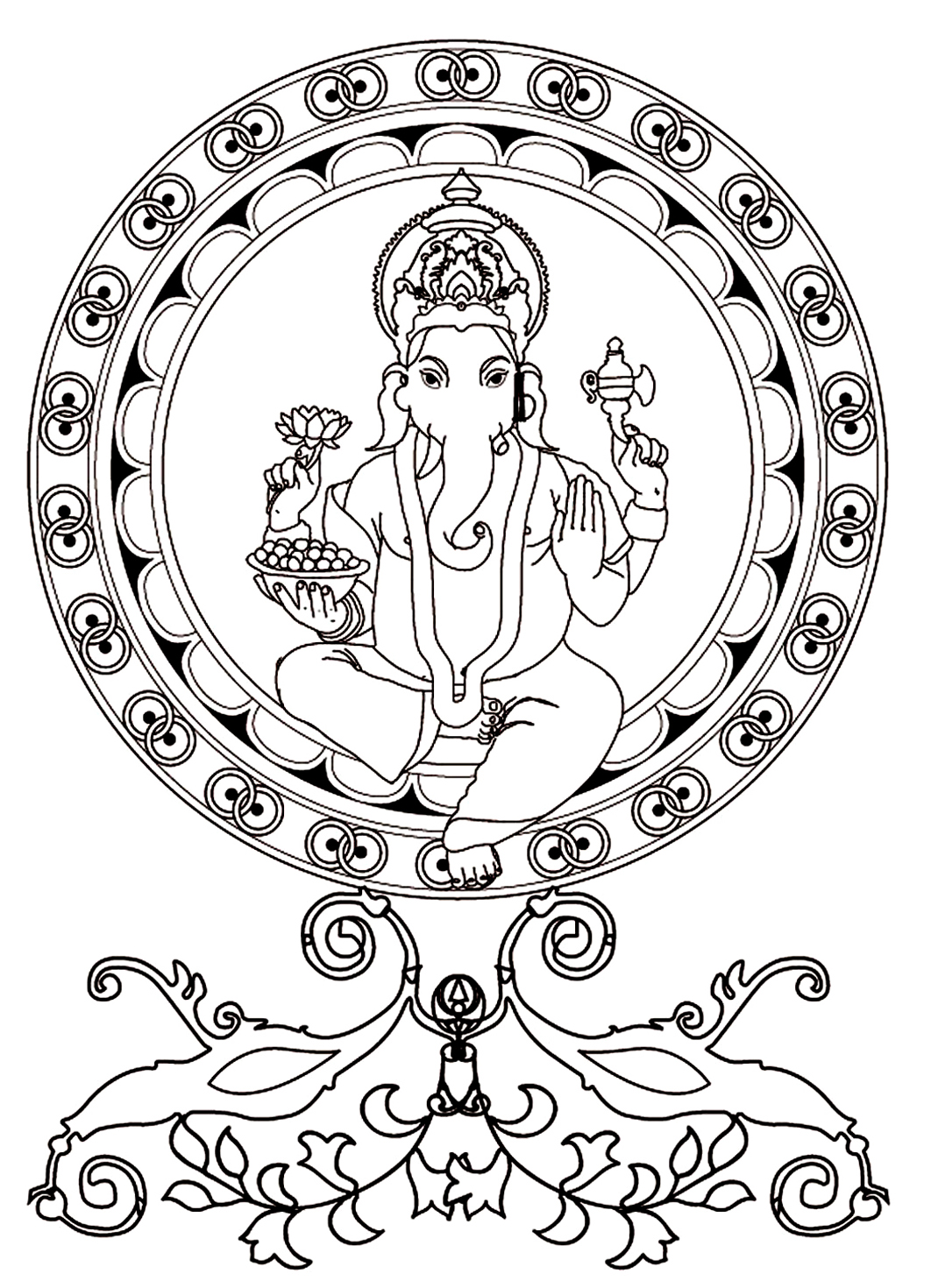 Malvorlage zu Ganesh, dem in Indien am meisten verehrten Gott mit dem Kopf eines Elefanten