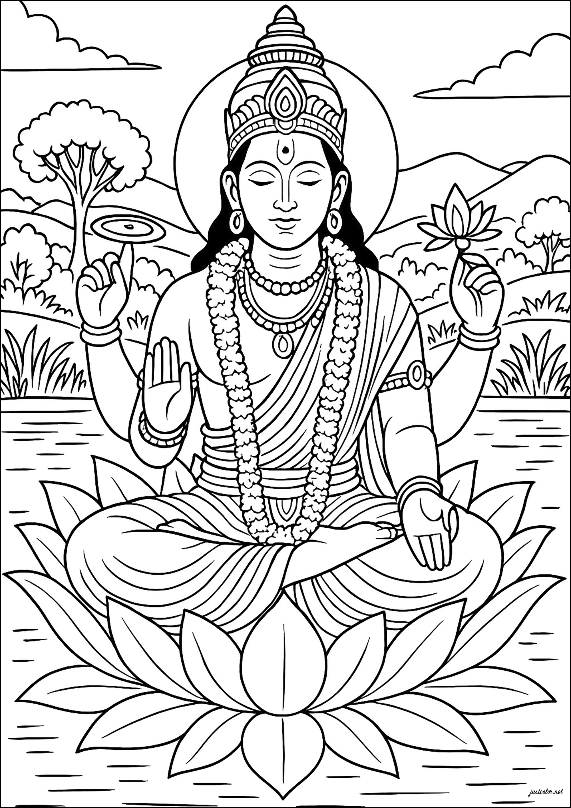 Vishnu auf einer heiligen Lotusblume (Ausmalbild von Indien & Bollywoood zum Ausdrucken und Ausmalen für Erwachsene)