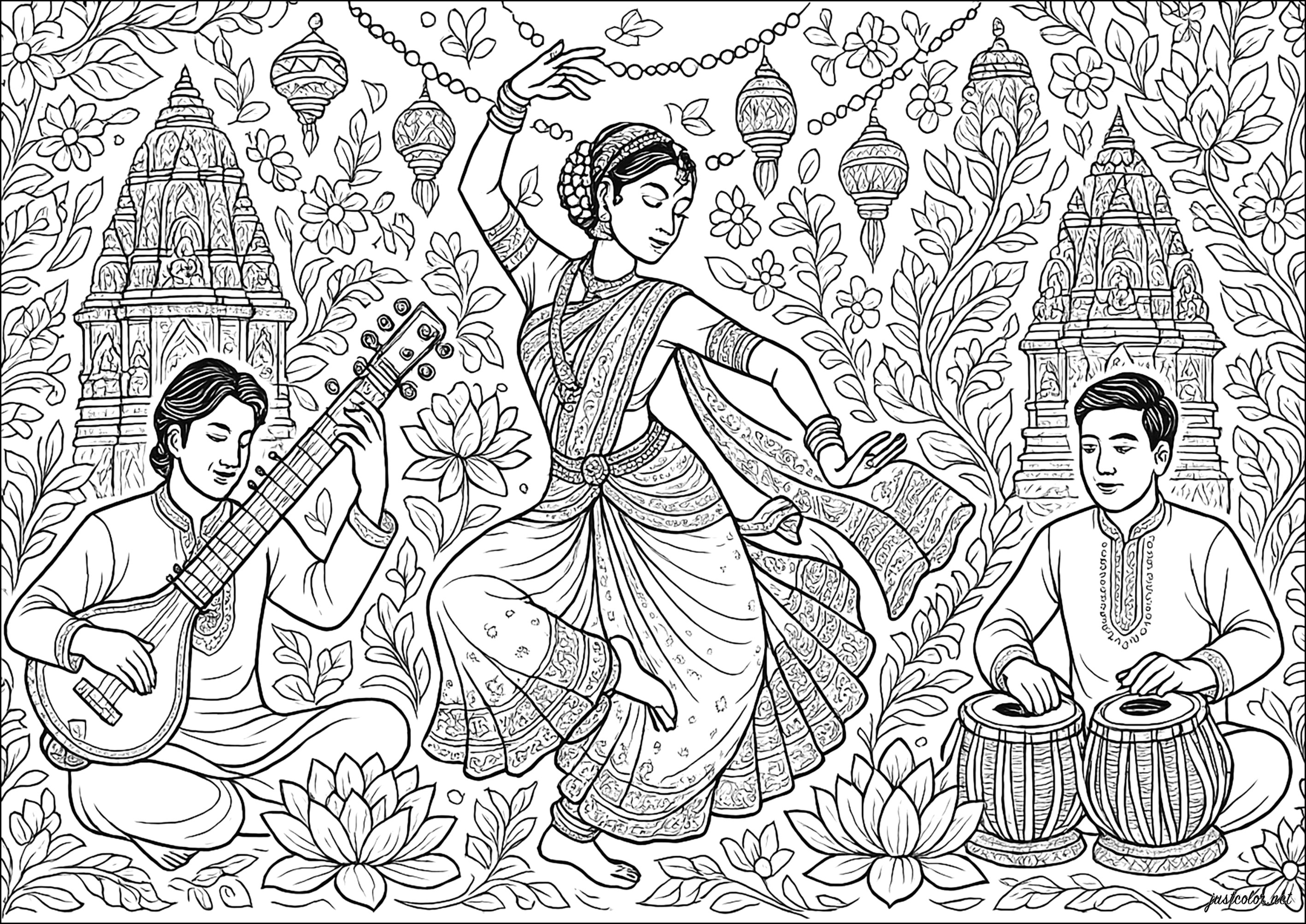 Klassische indische Tänzerin in Bewegung (Ausmalbild von Indien & Bollywoood zum Ausdrucken und Ausmalen für Erwachsene)
