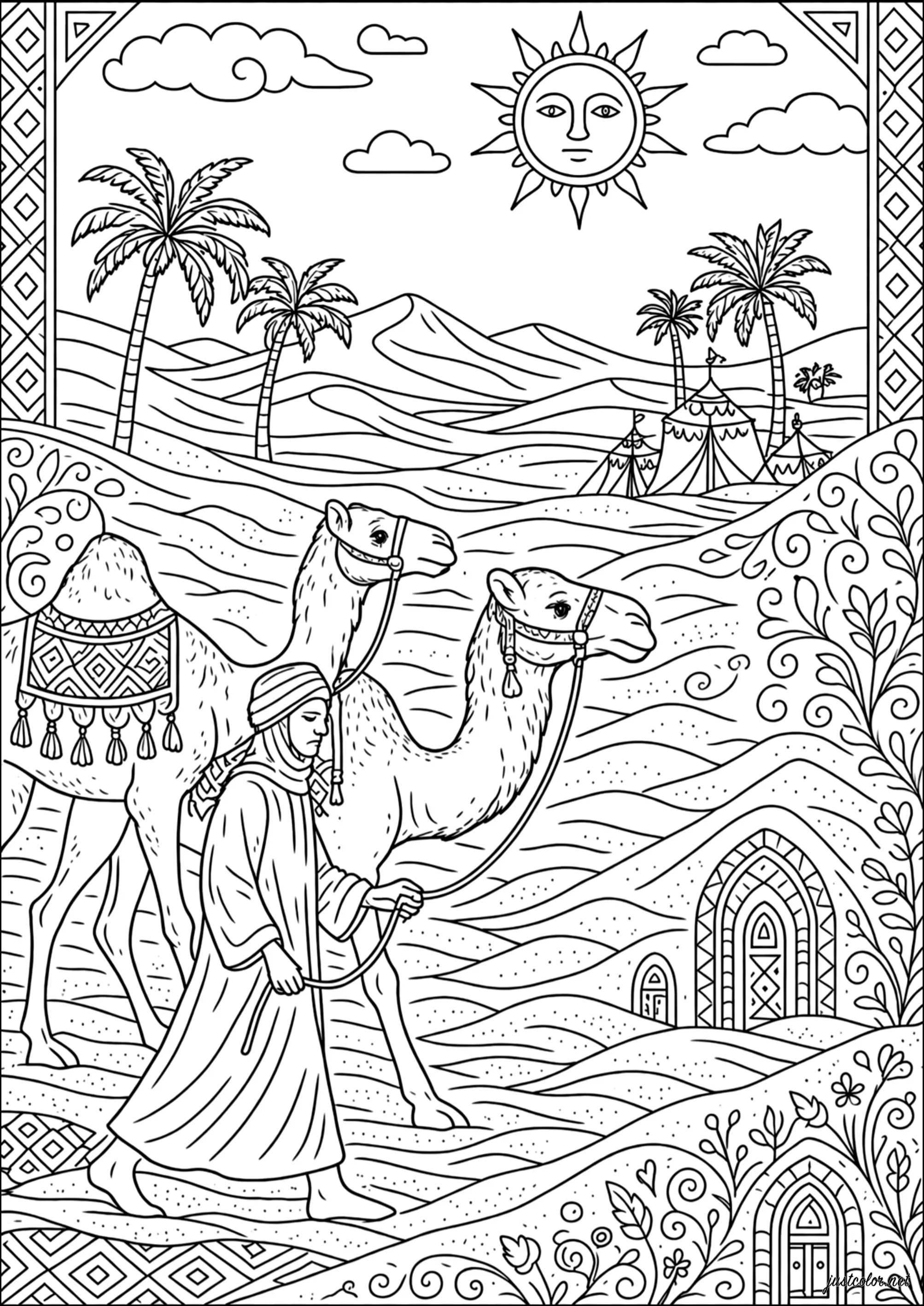 Person, der zwei Kamele durch die Wüste führt. (Ausmalbild von Kamele & dromedare zum Ausdrucken und Ausmalen für Erwachsene)