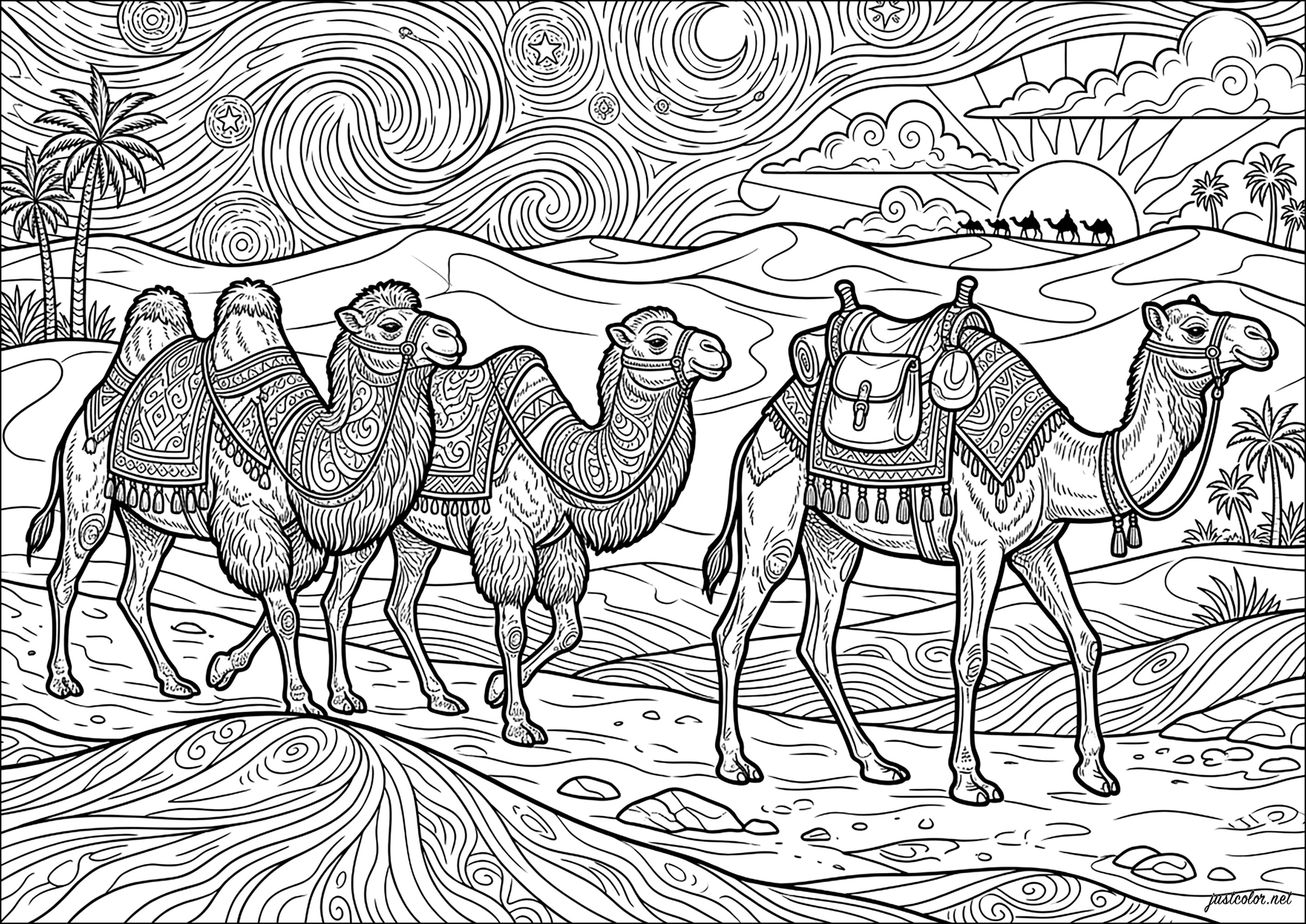 Karawane in den Dünen (Ausmalbild von Kamele & dromedare zum Ausdrucken und Ausmalen für Erwachsene)