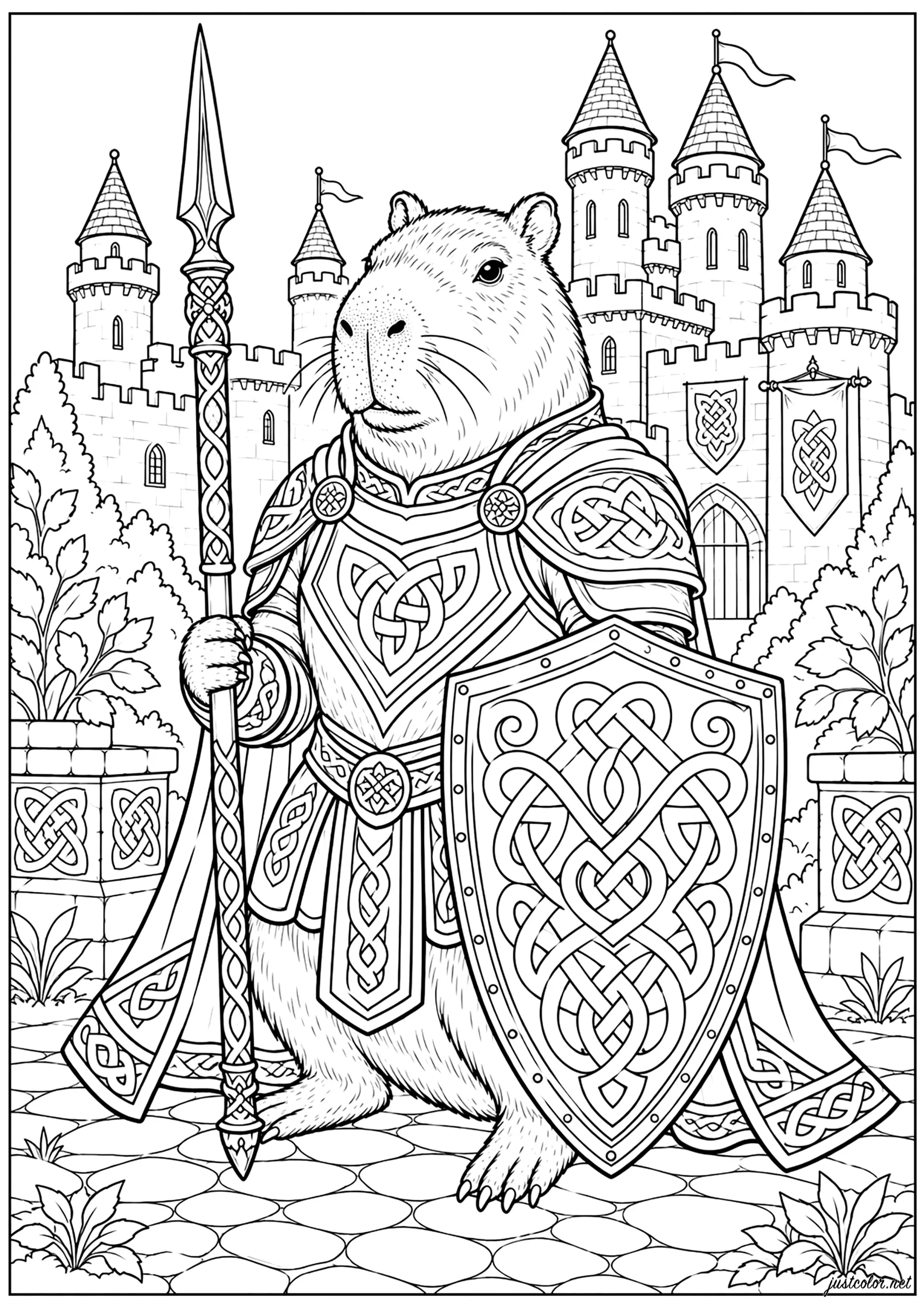 Capybara in Rüstung vor einem Schloss (Ausmalbild zum Ausdrucken und Ausmalen für Erwachsene)