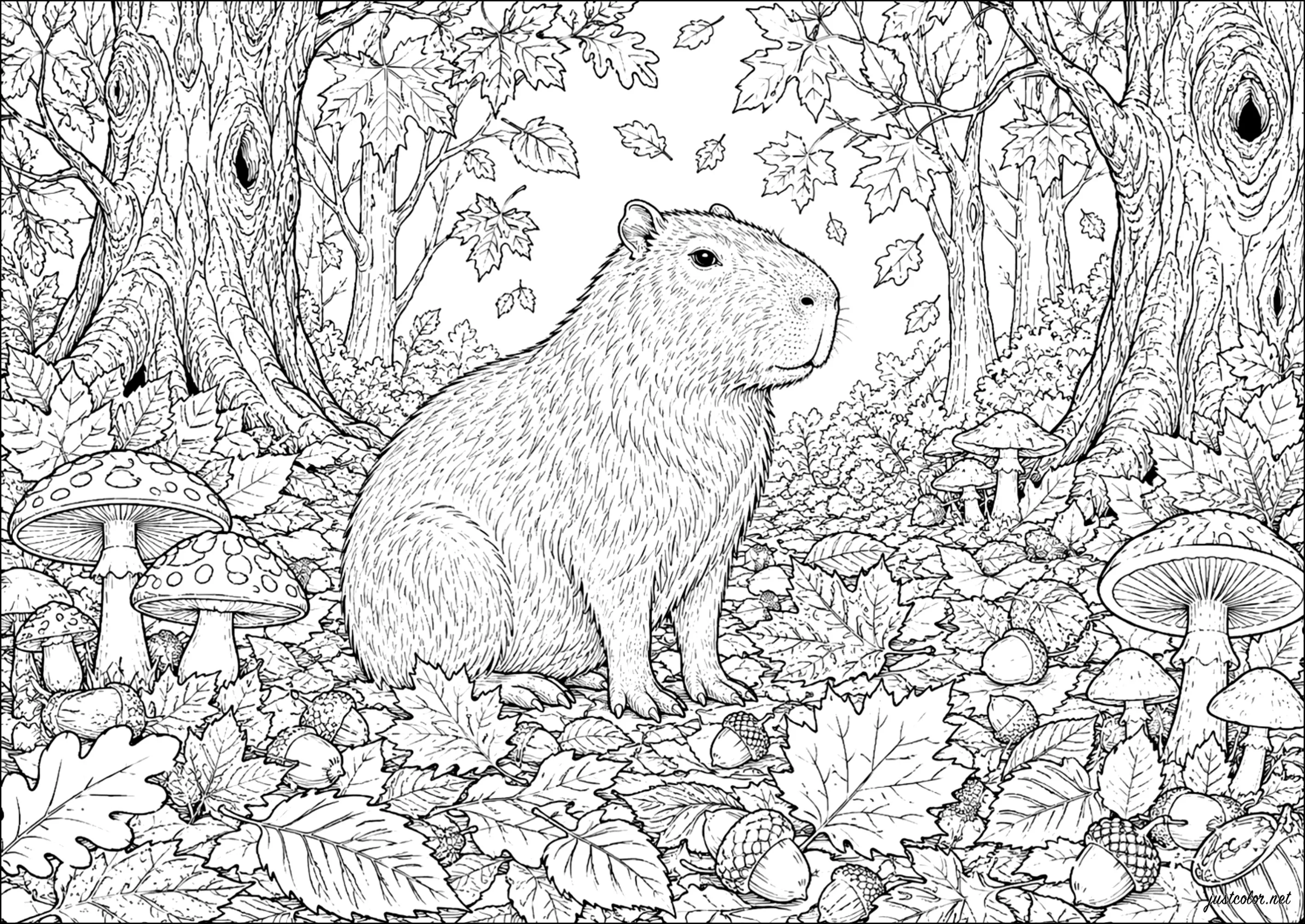 Capybara sitzt in einem Wald (Ausmalbild zum Ausdrucken und Ausmalen für Erwachsene)