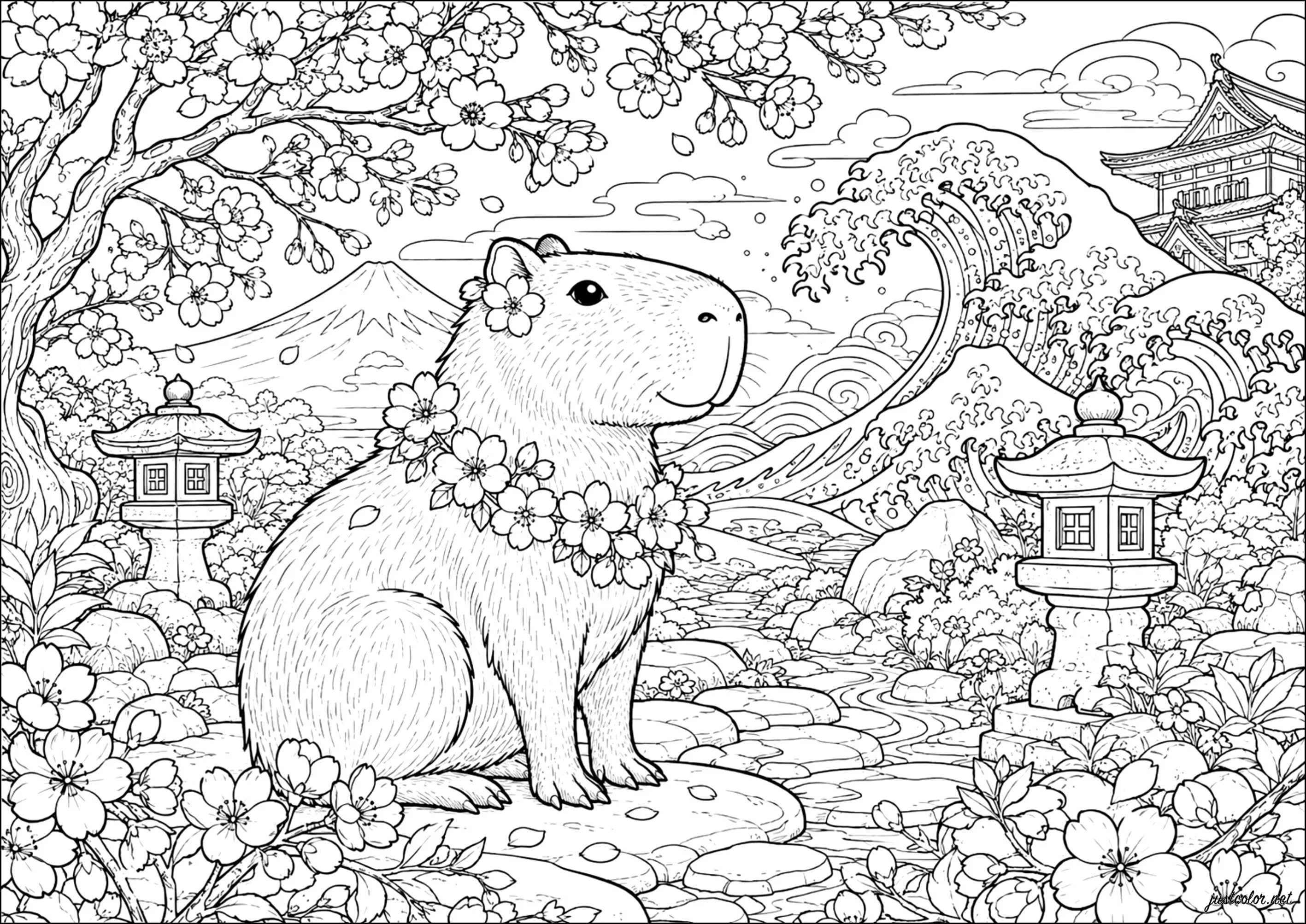 Capybara in Japan (Ausmalbild zum Ausdrucken und Ausmalen für Erwachsene)