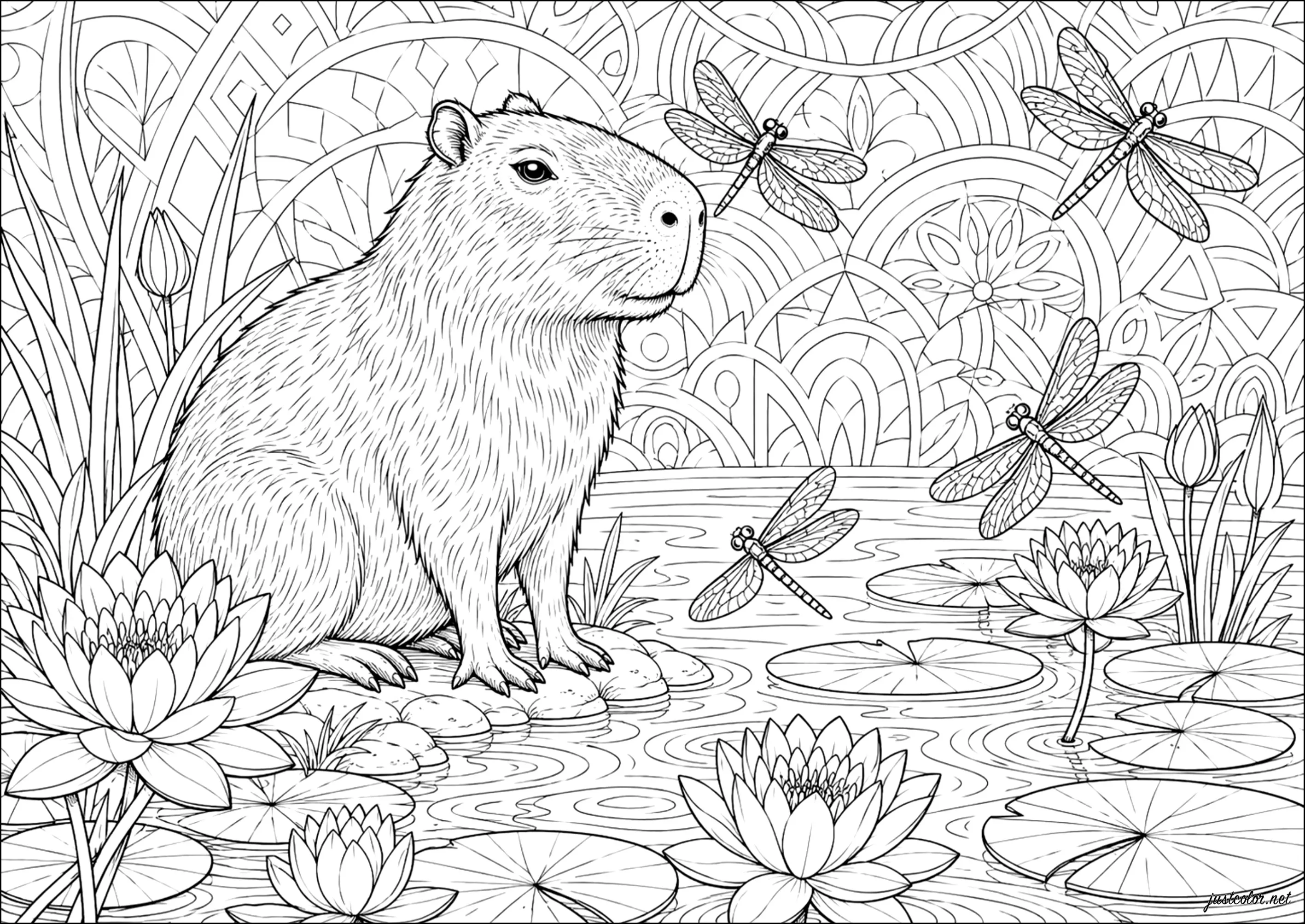 Capybara sitzt nahe den Seerosen (Ausmalbild zum Ausdrucken und Ausmalen für Erwachsene)