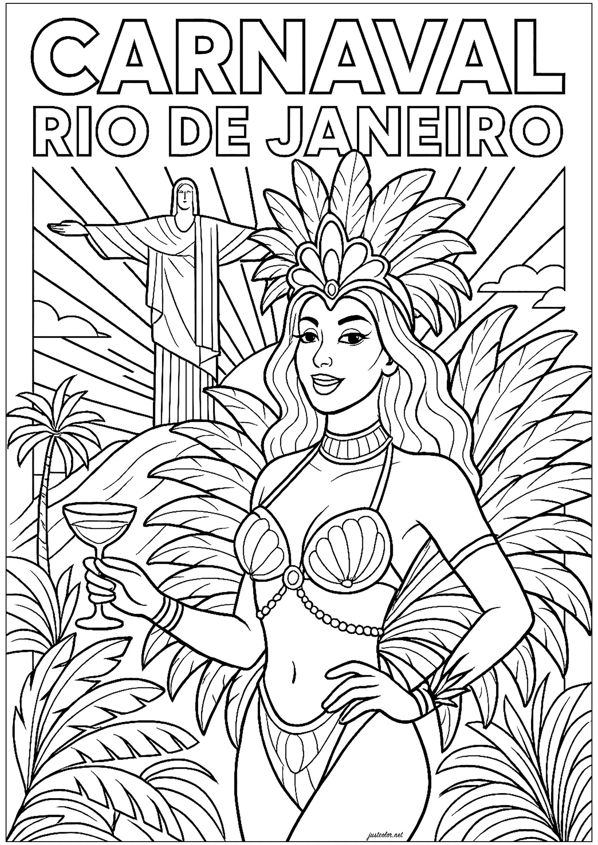 Carnaval de Rio de Janeiro: Carnavalière und Christus der Erlöser (Ausmalbild von Karneval zum Ausdrucken und Ausmalen für Erwachsene)