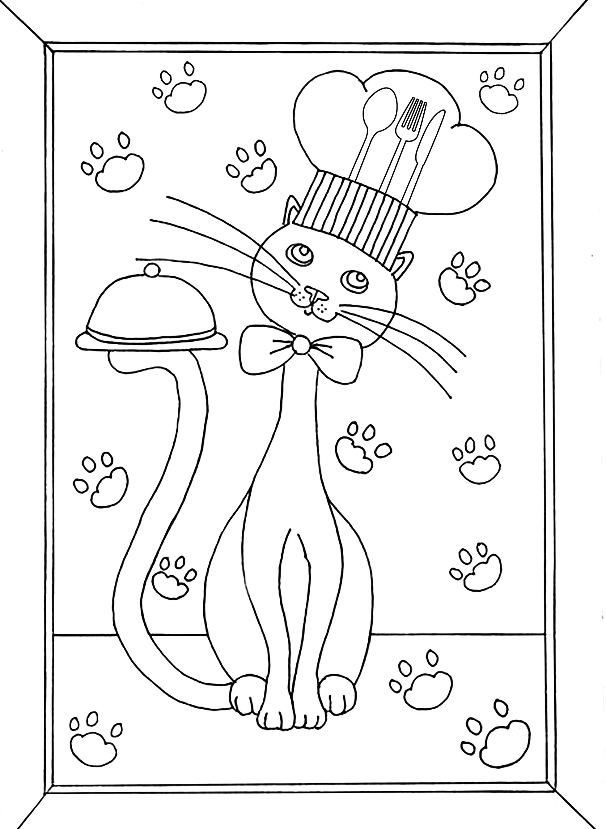 Katze kochen (Ausmalbild von Katzen zum Ausdrucken und Ausmalen für Erwachsene)