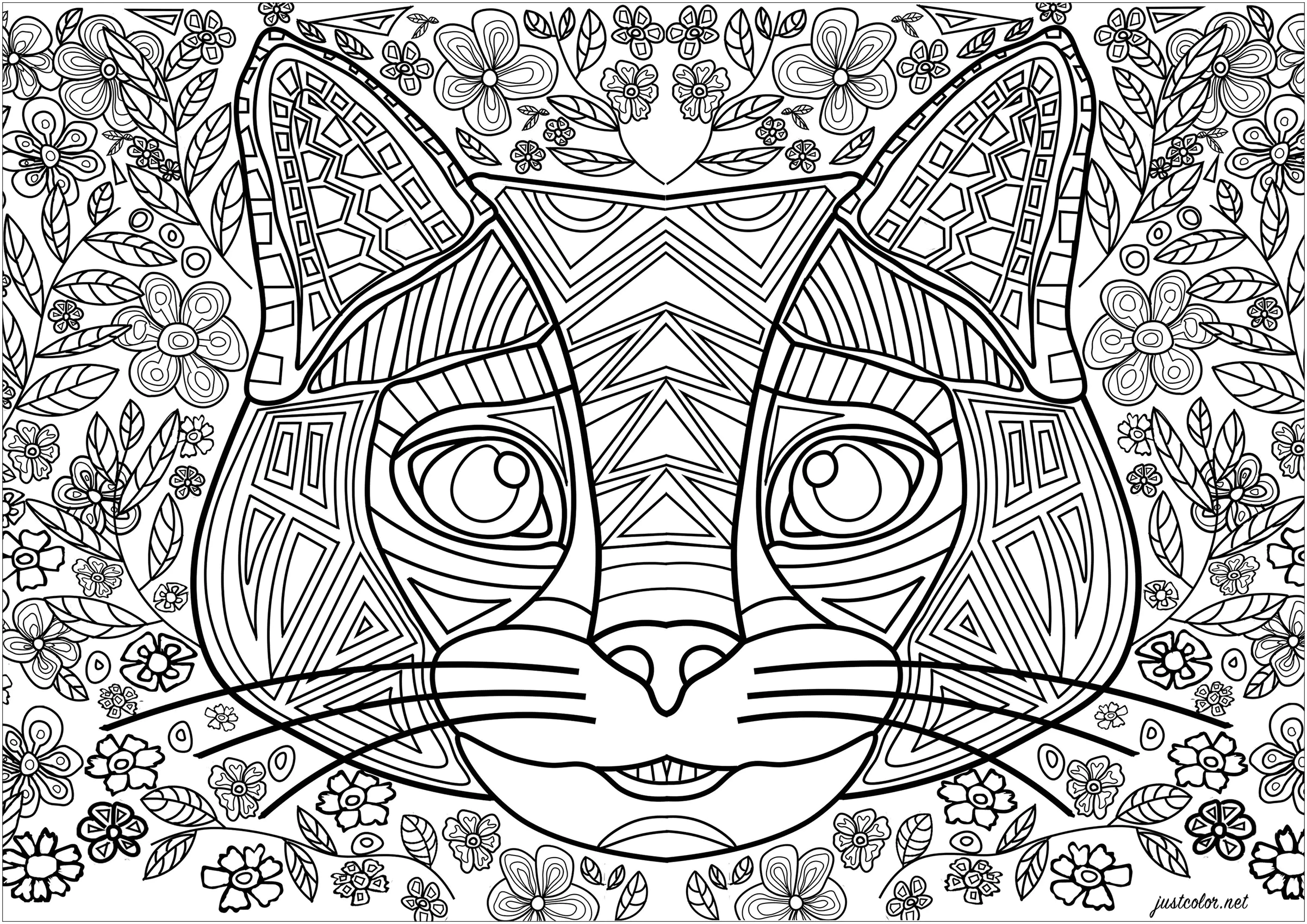 Katzenkopf aus regelmäßigen Linien, mit geblümtem Hintergrund (Ausmalbild von Katzen zum Ausdrucken und Ausmalen für Erwachsene)