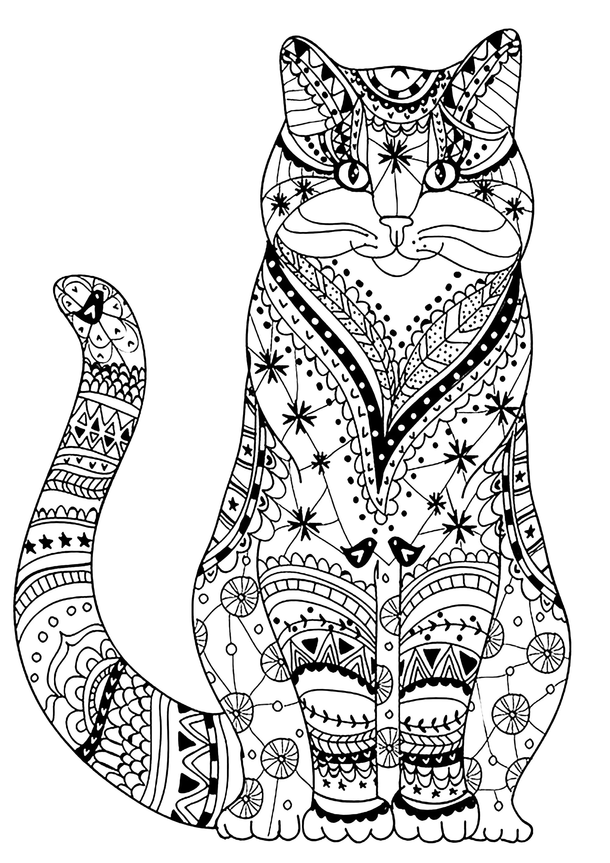 Sehr kluge Katze (Ausmalbild von Katzen zum Ausdrucken und Ausmalen für Erwachsene)