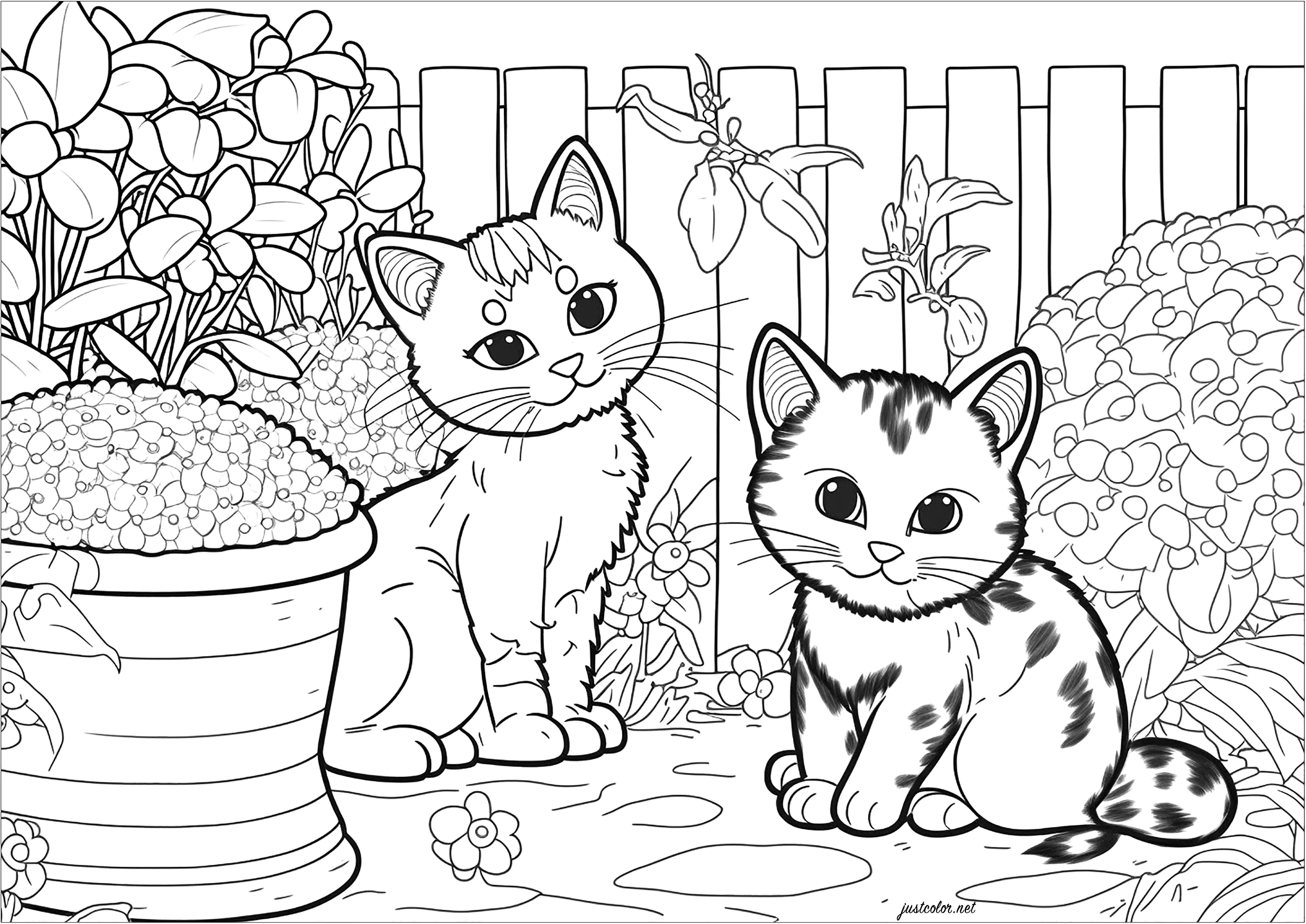 Zwei kleine Katzen im Garten (Ausmalbild zum Ausdrucken und Ausmalen für Erwachsene)