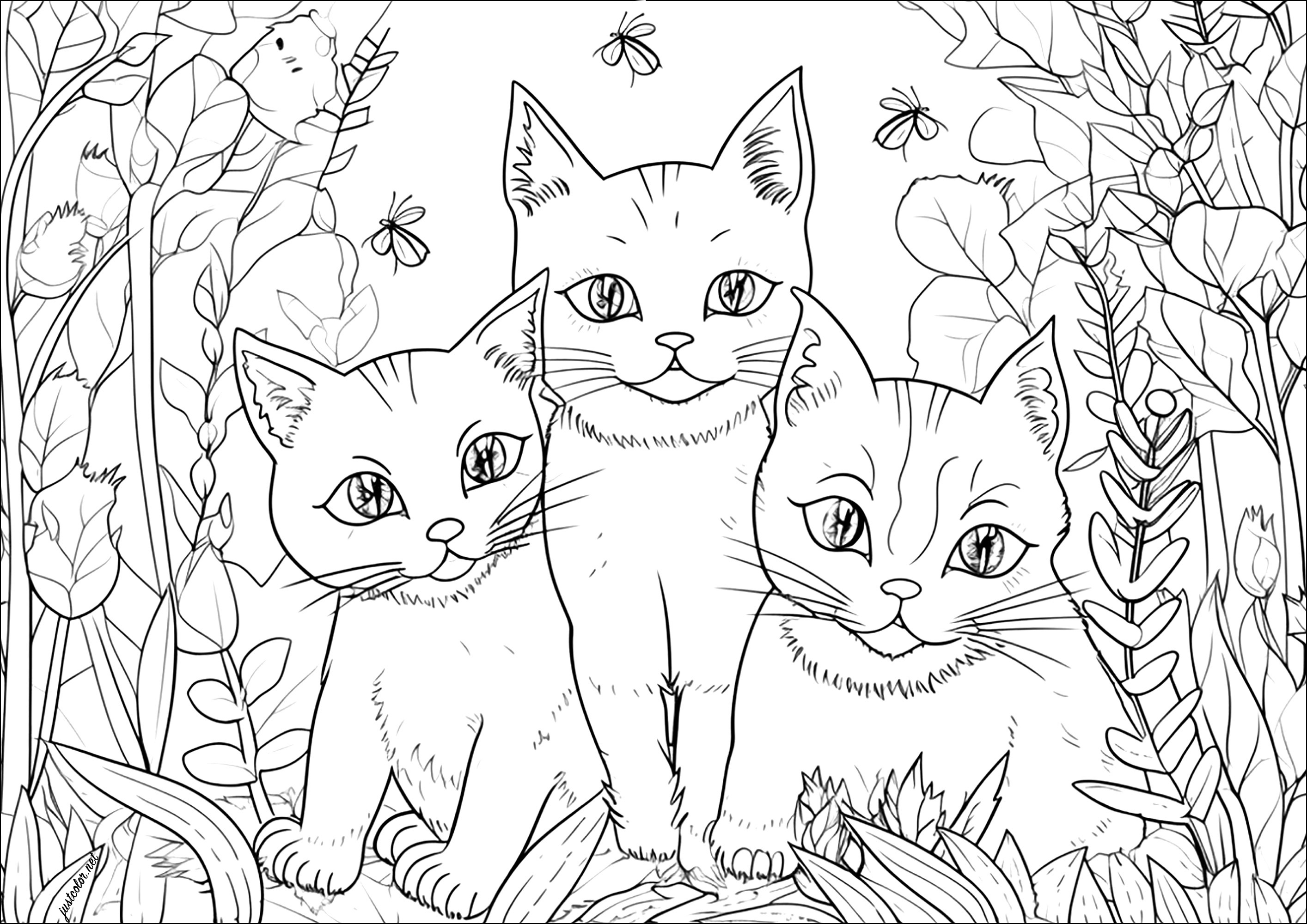 Drei hübsche Katzen in einem Garten. In einem hübschen Garten umgeben ein paar Insekten diese drei schönen Katzen, die in einem sehr realistischen Stil gezeichnet sind.