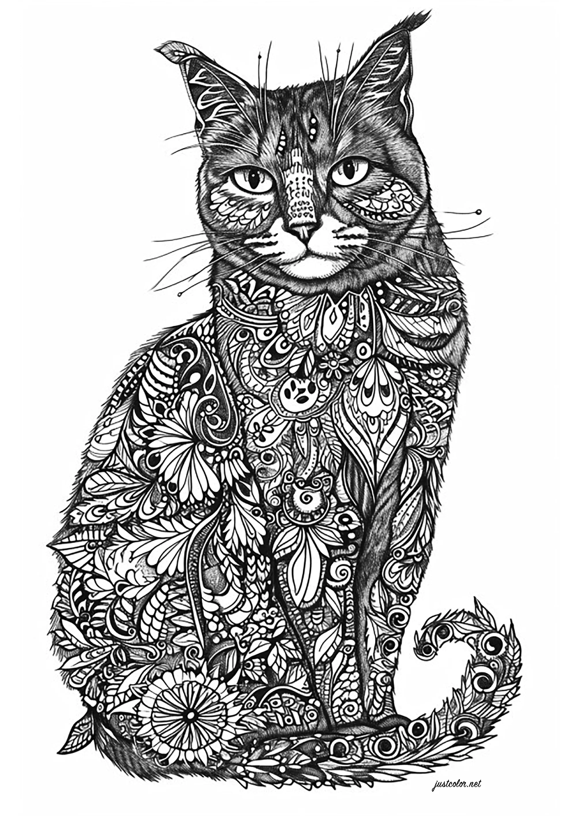Katze und interne florale Motive (Ausmalbild von Katzen zum Ausdrucken und Ausmalen für Erwachsene)