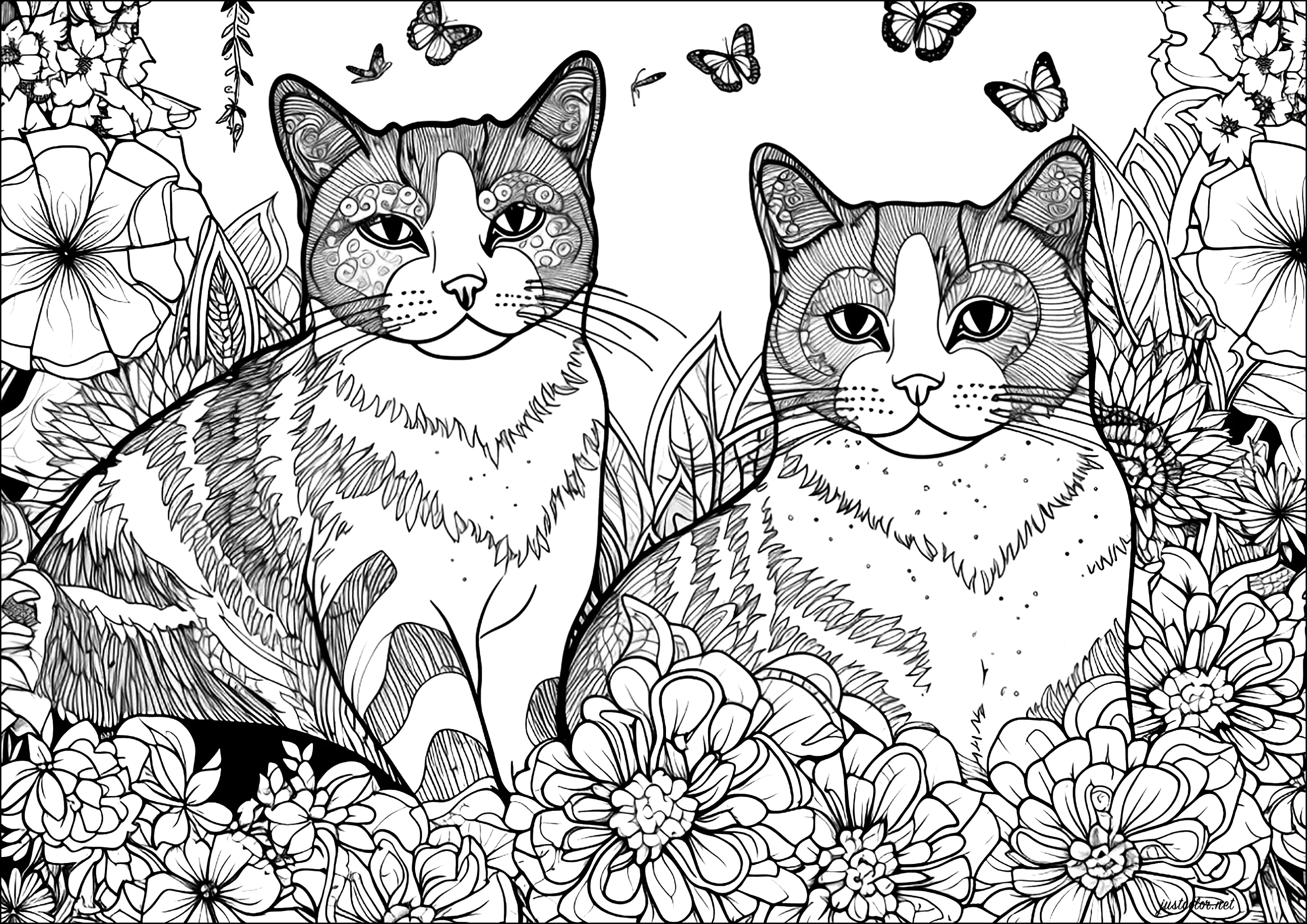 Zwei Katzen mit Blumen und Schmetterlingen (Ausmalbild zum Ausdrucken und Ausmalen für Erwachsene)