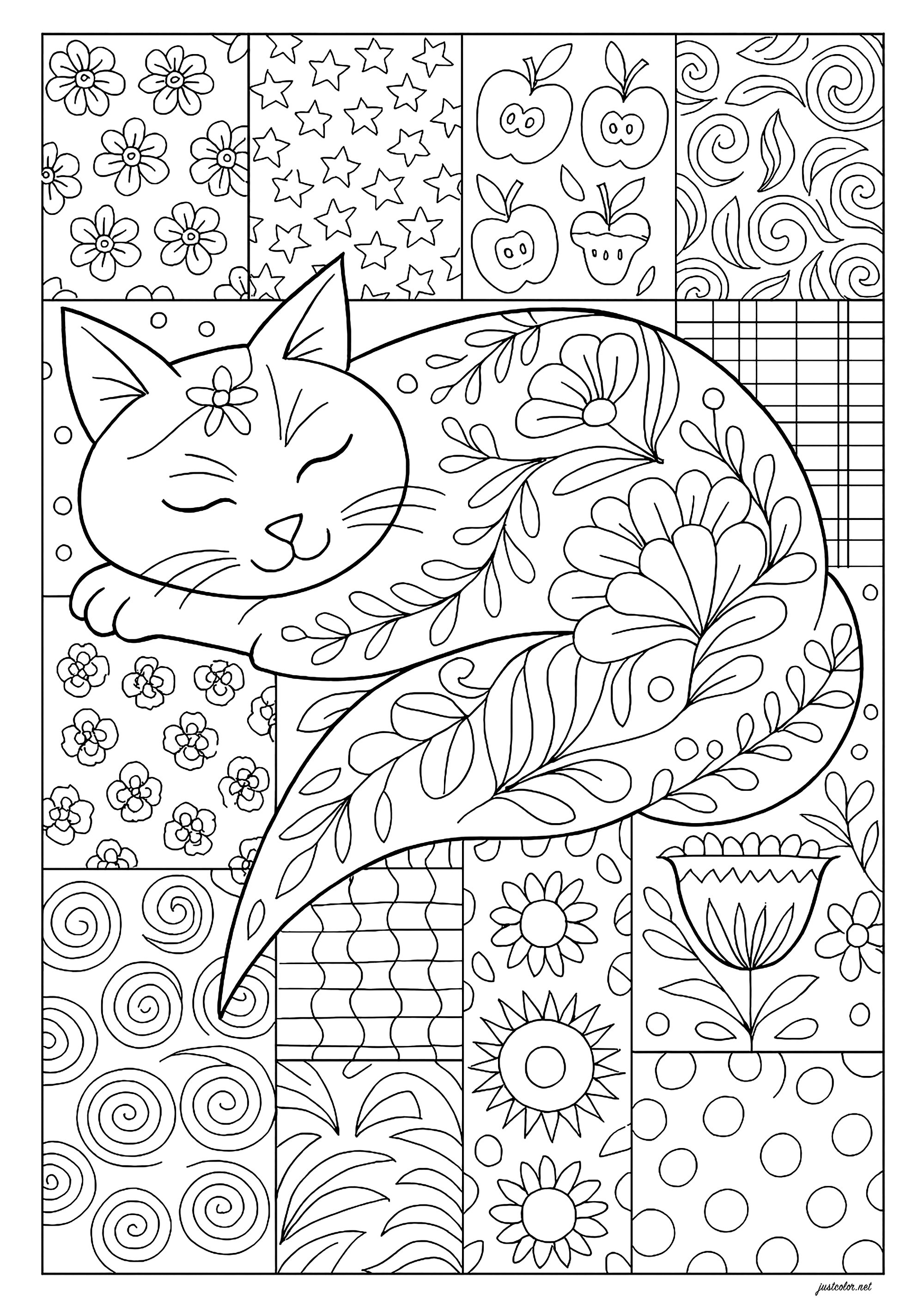 Patchwork und schlafende Katze (Ausmalbild von Katzen zum Ausdrucken und Ausmalen für Erwachsene)