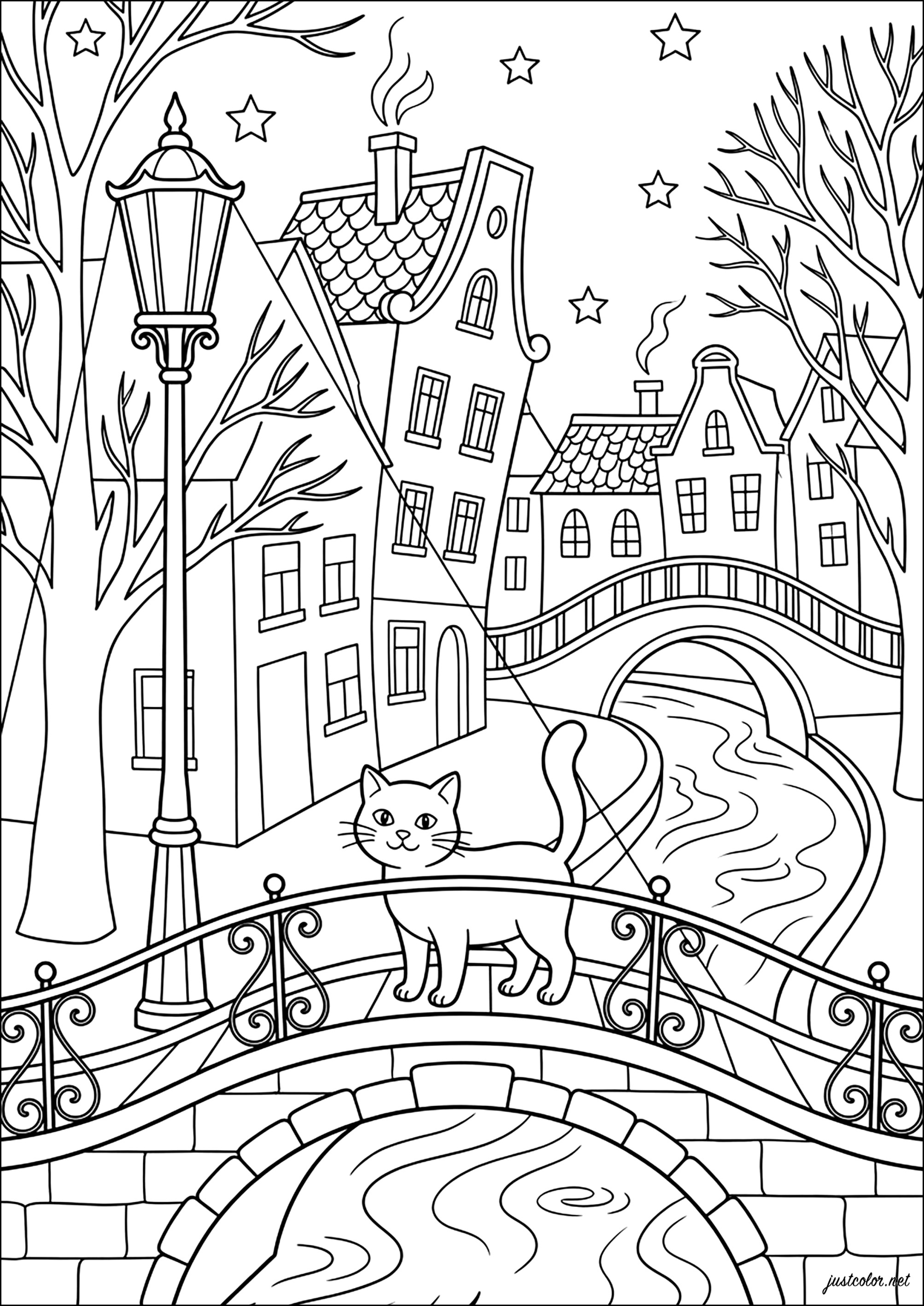 Reize einer Brücke an einem sternenklaren Abend (Ausmalbild von Katzen zum Ausdrucken und Ausmalen für Erwachsene)