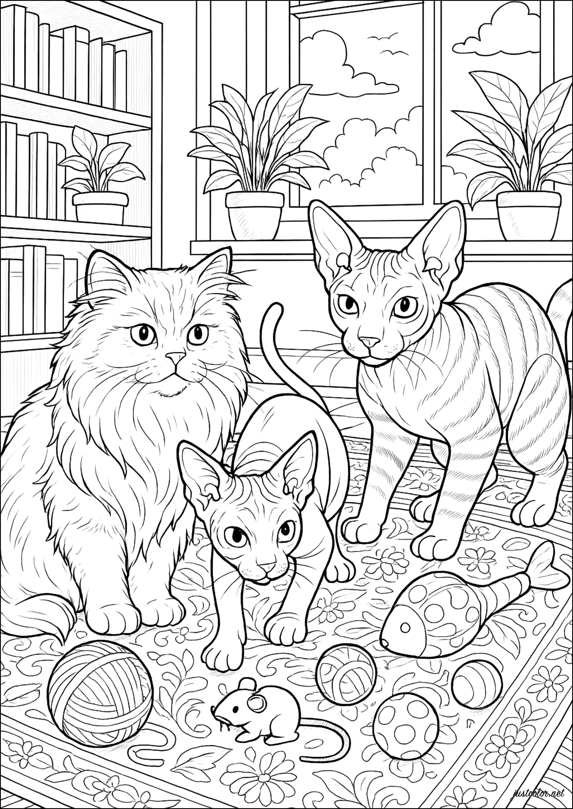 Drei Katzen in einem gemütlichen Innenraum (Ausmalbild zum Ausdrucken und Ausmalen für Erwachsene)