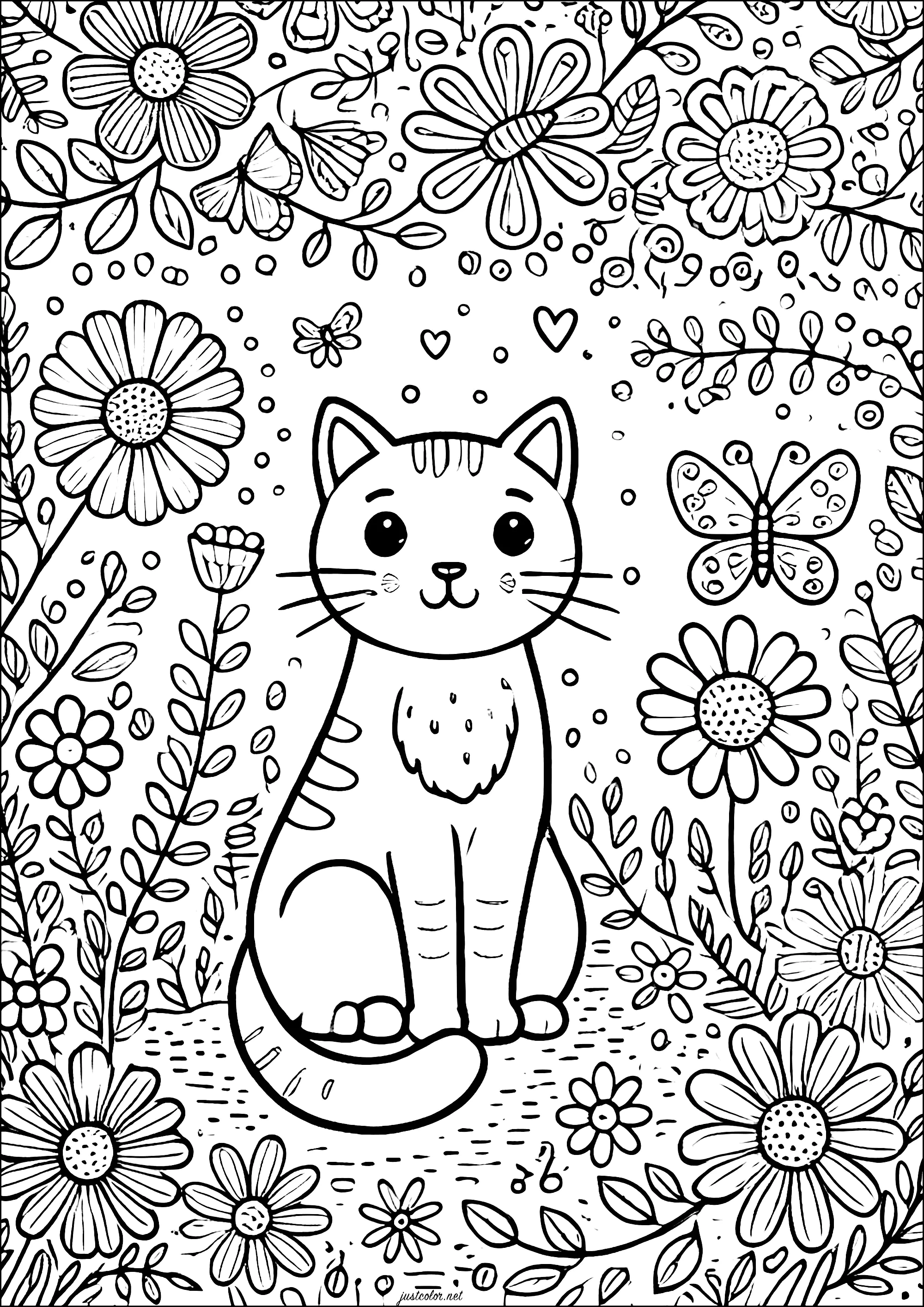 Hübsche Katze umgeben von Schmetterlingen und Blumen (Ausmalbild von Katzen zum Ausdrucken und Ausmalen für Erwachsene)