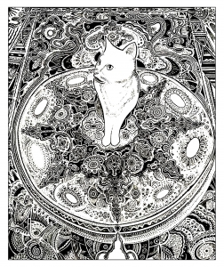 Eine Katze auf einem schönen Teppich zum Ausmalen (Ausmalbild von Katzen)