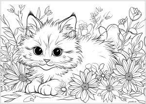 Kätzchen und schöne Blumen (Ausmalbild von Katzen)