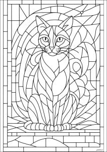Buntes Glasfenster mit der Darstellung einer prächtigen Katze (Ausmalbild von Katzen)