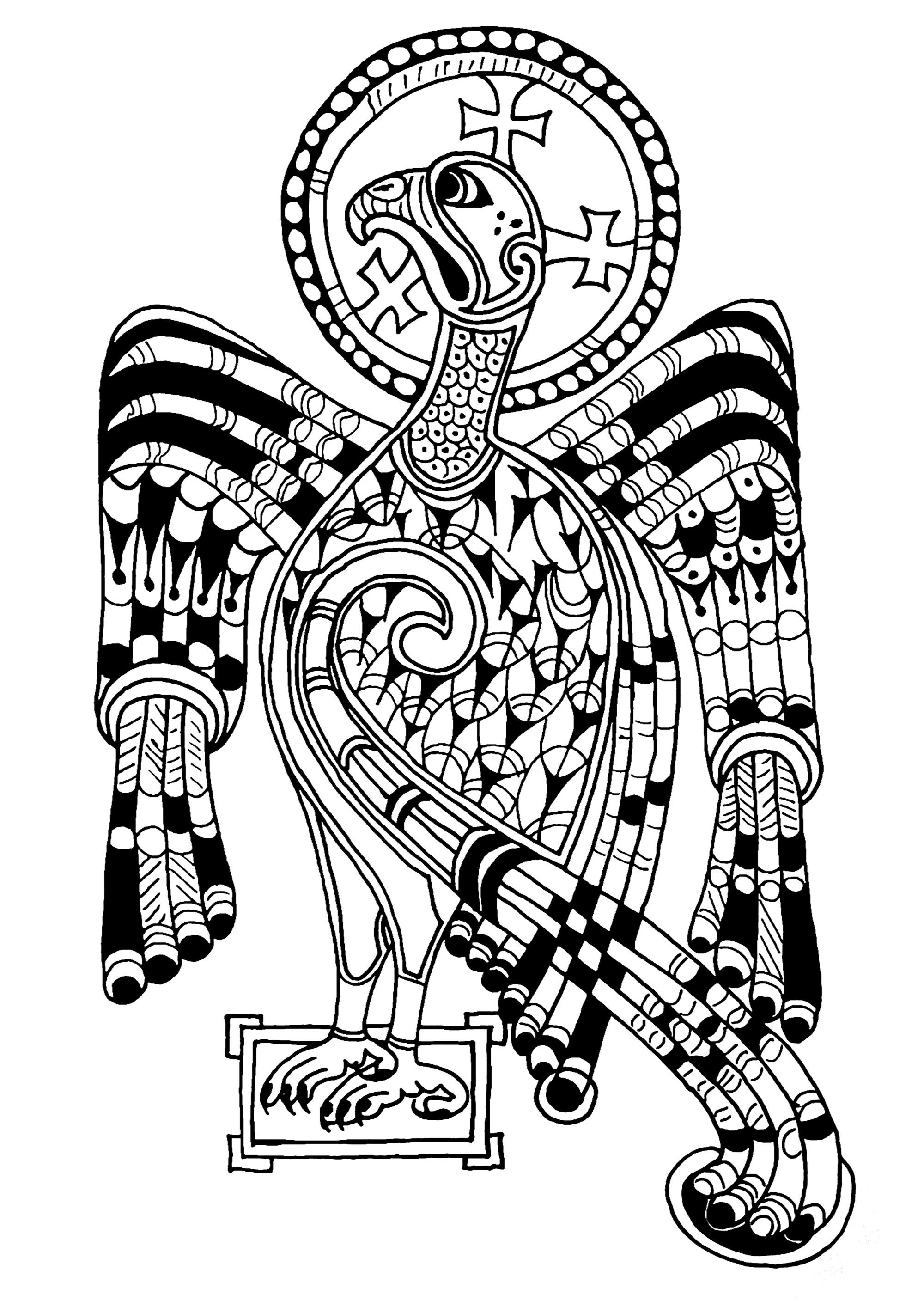 Der im Book of Kells abgebildete Adler symbolisiert den Heiligen Johannes und die Himmelfahrt Jesu. Das Book of Kells ist ein mittelalterliches Manuskript aus dem 9. Jahrhundert, von dem noch 680 Seiten erhalten sind. Es enthält die vier lateinischen Evangelien des Neuen Testaments. Es ist in der Bibliothek des Trinity College in Dublin ausgestellt.
