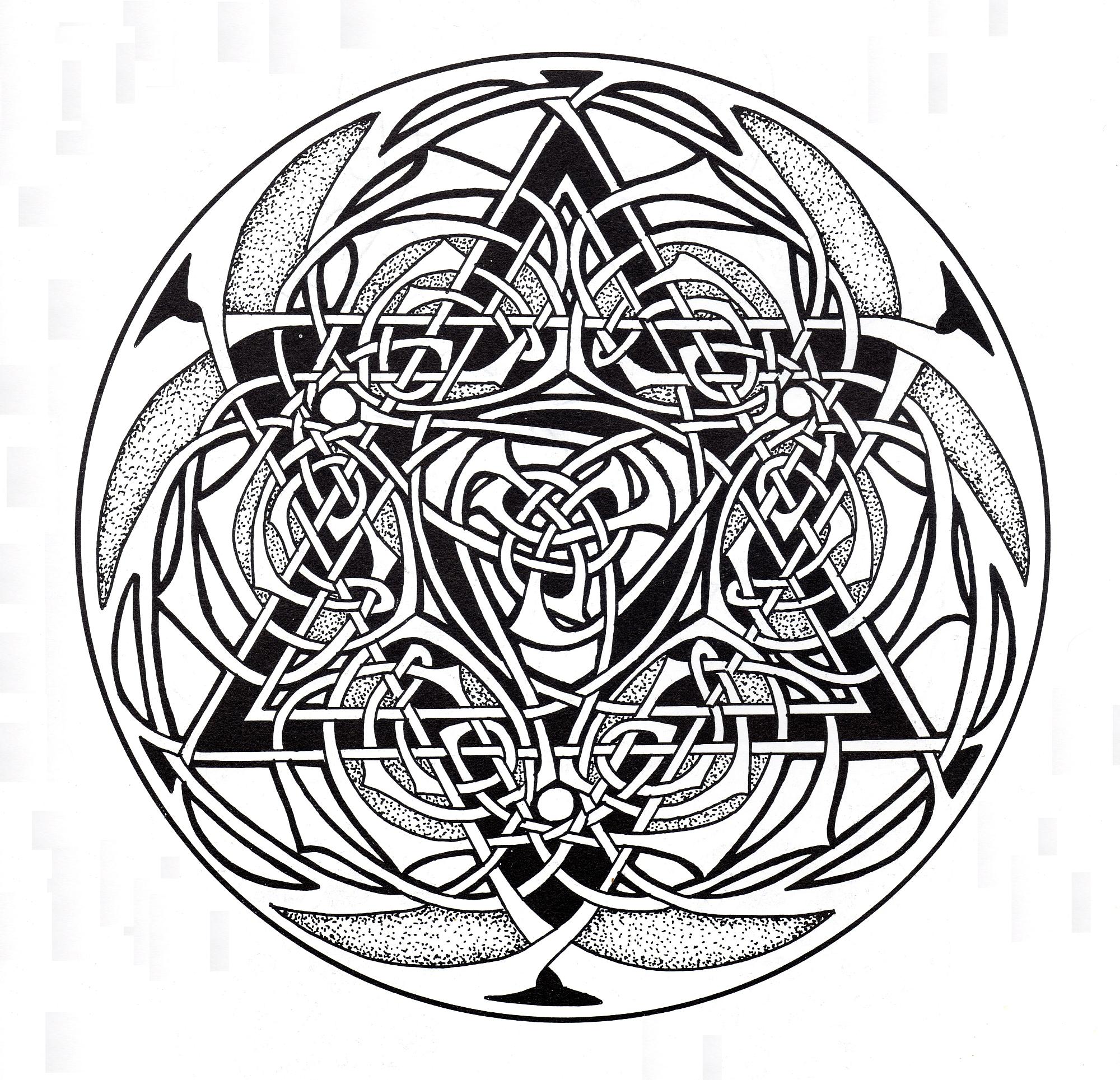 Keltische Kunst: verschlungene Elemente, die an ein Mandala erinnern (Ausmalbild zum Ausdrucken und Ausmalen für Erwachsene)
