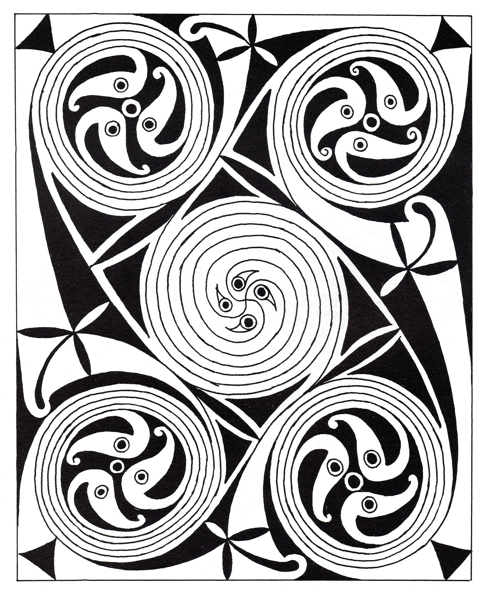 Triade von Triskelen und Spiralen (Ausmalbild von Keltische Kunst zum Ausdrucken und Ausmalen für Erwachsene)