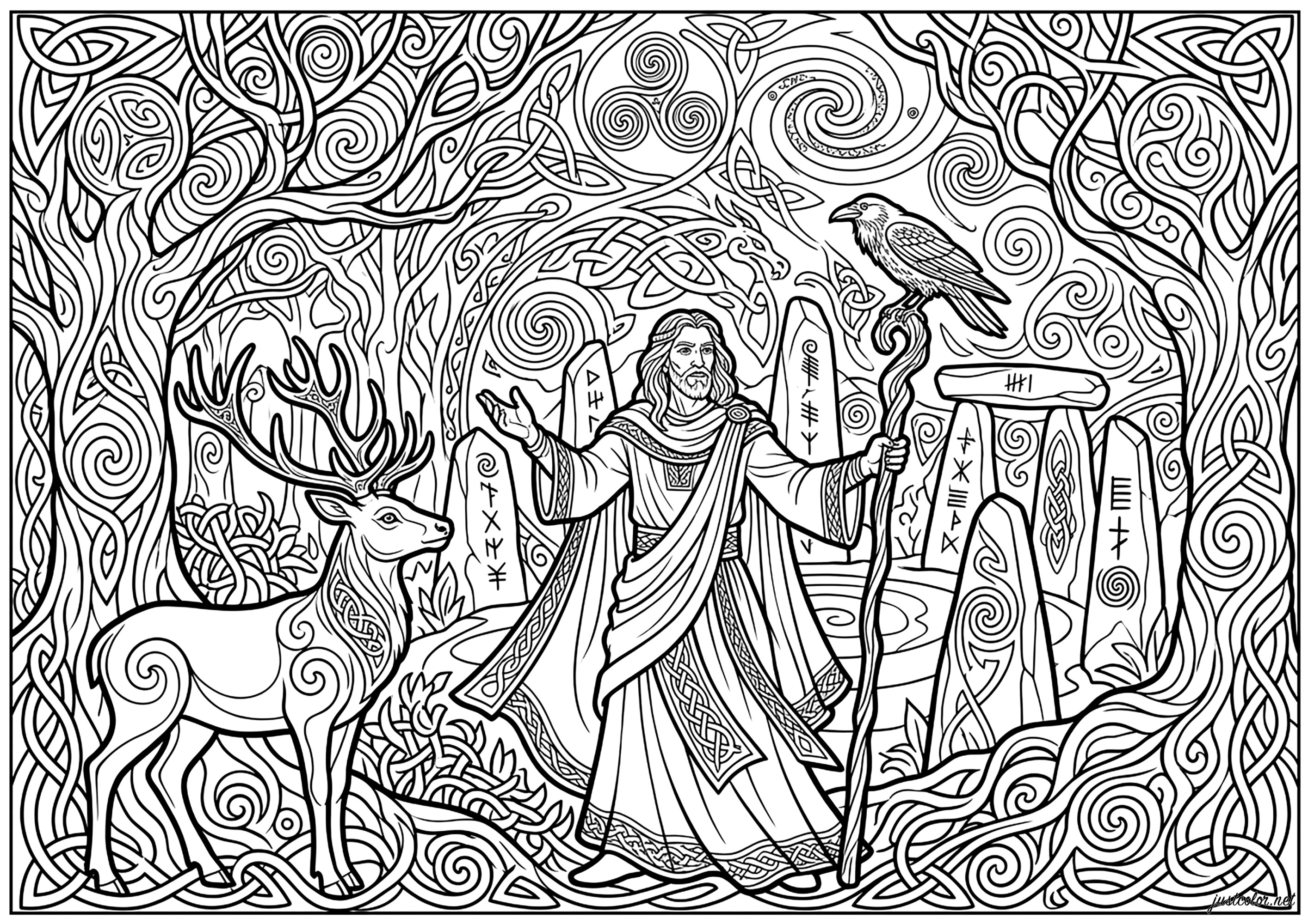 Der Druide, der Hirsch und die Krähe (Ausmalbild von Keltische Kunst zum Ausdrucken und Ausmalen für Erwachsene)