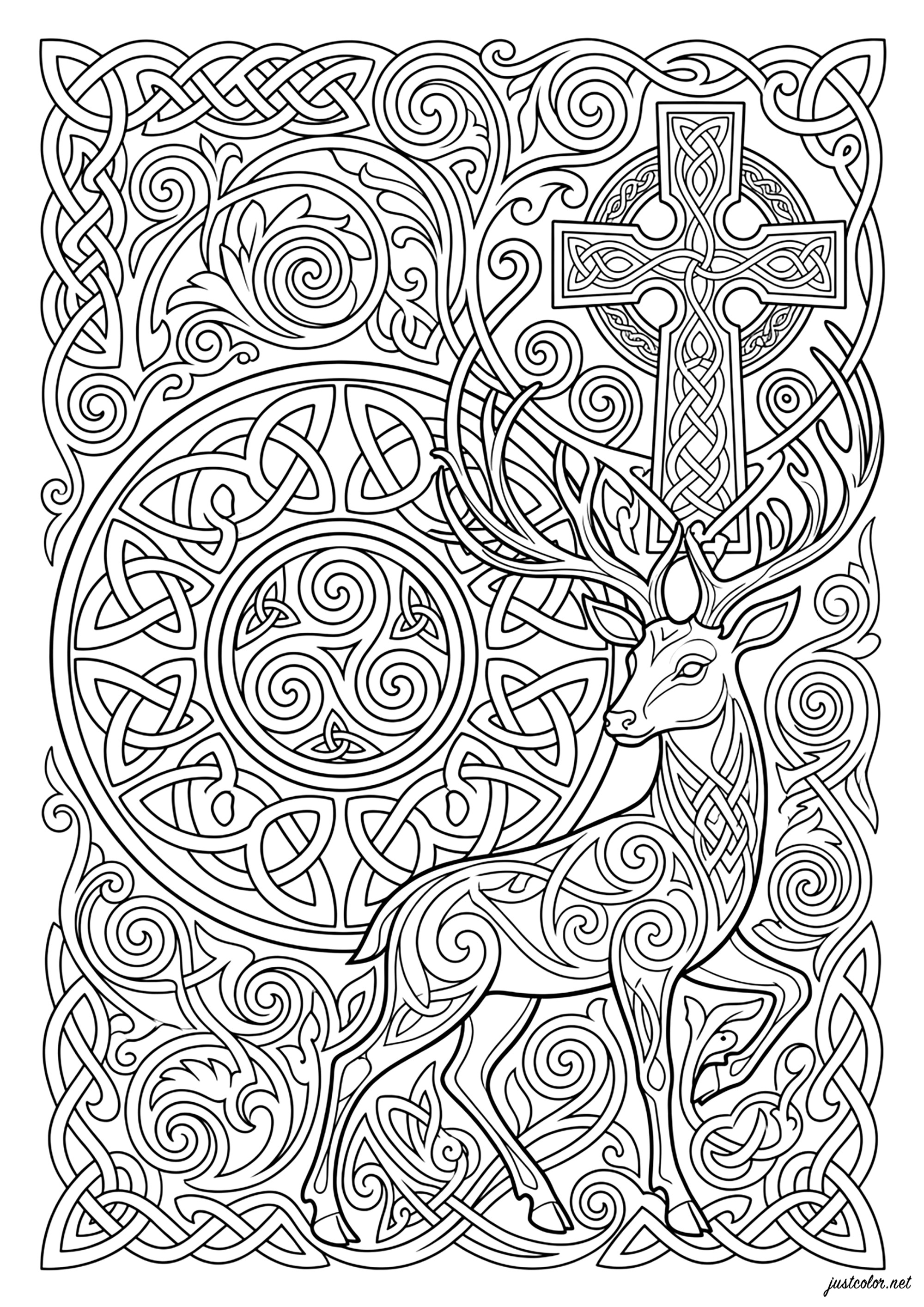 Majestisches Momentum und keltisches Kreuz (Ausmalbild von Keltische Kunst zum Ausdrucken und Ausmalen für Erwachsene)