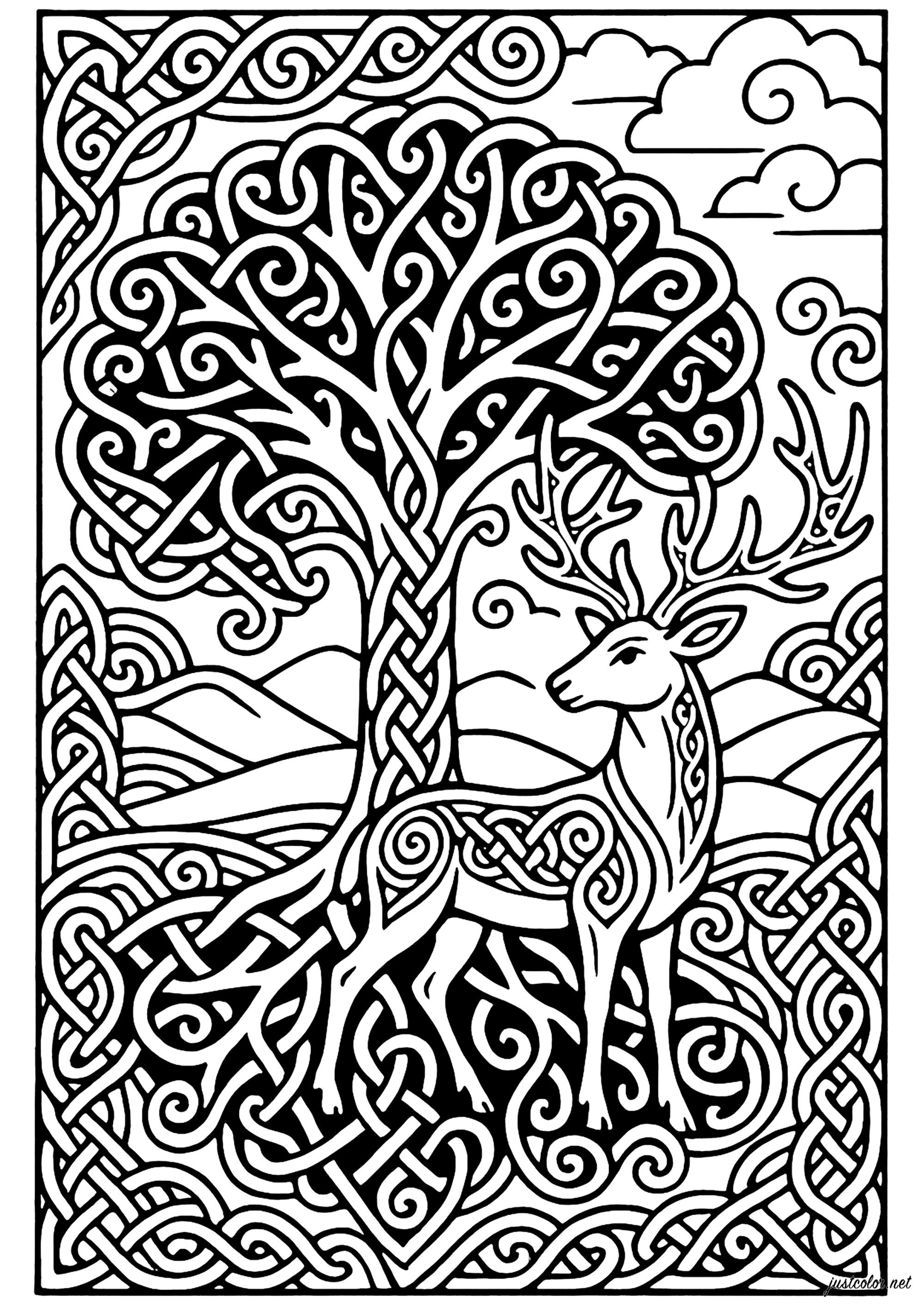 Keltischer Baum des Lebens und Heiliger Hirsch (Ausmalbild von Keltische Kunst zum Ausdrucken und Ausmalen für Erwachsene)