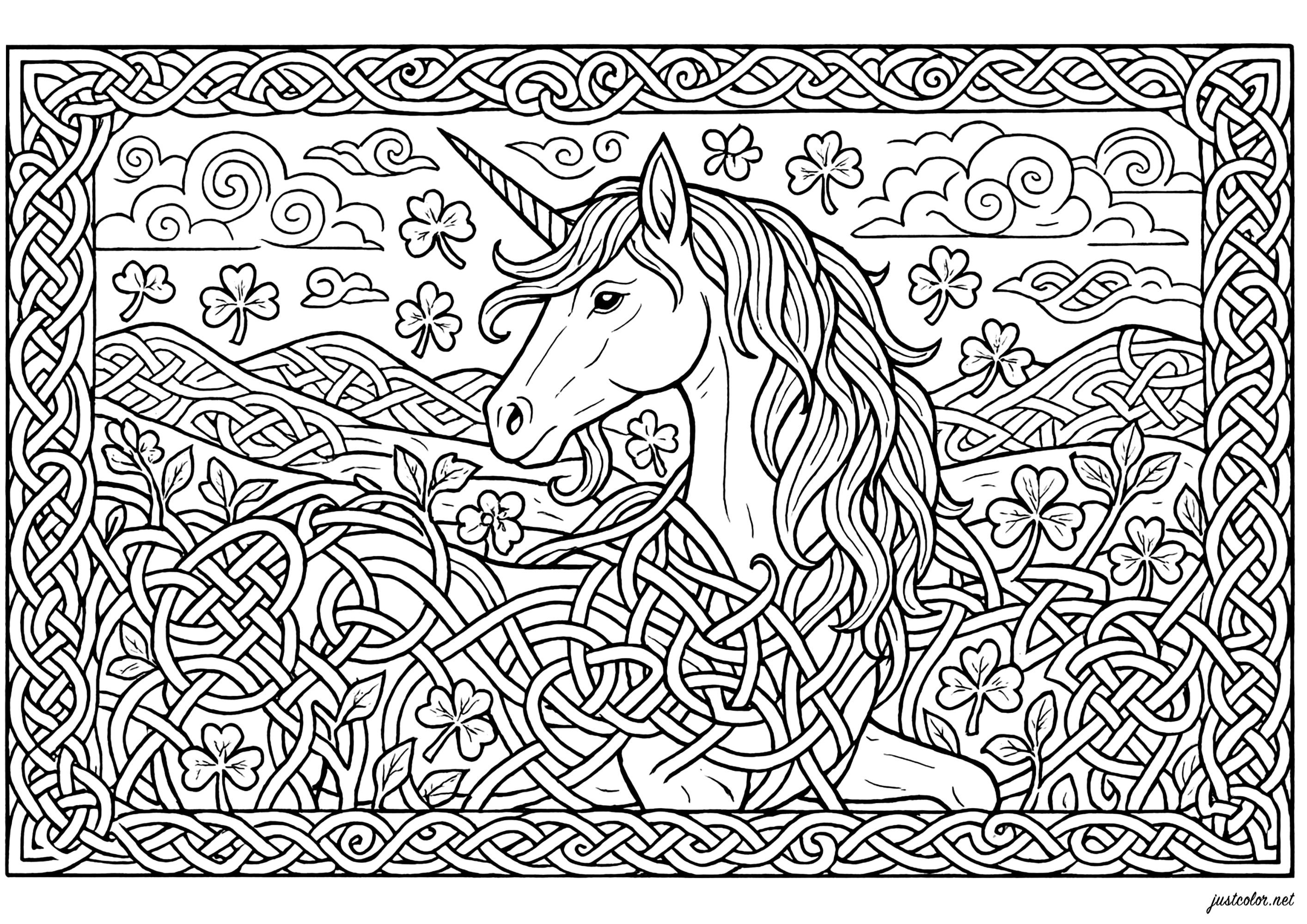 Verzaubertes keltisches Einhorn (Ausmalbild von Keltische Kunst zum Ausdrucken und Ausmalen für Erwachsene)