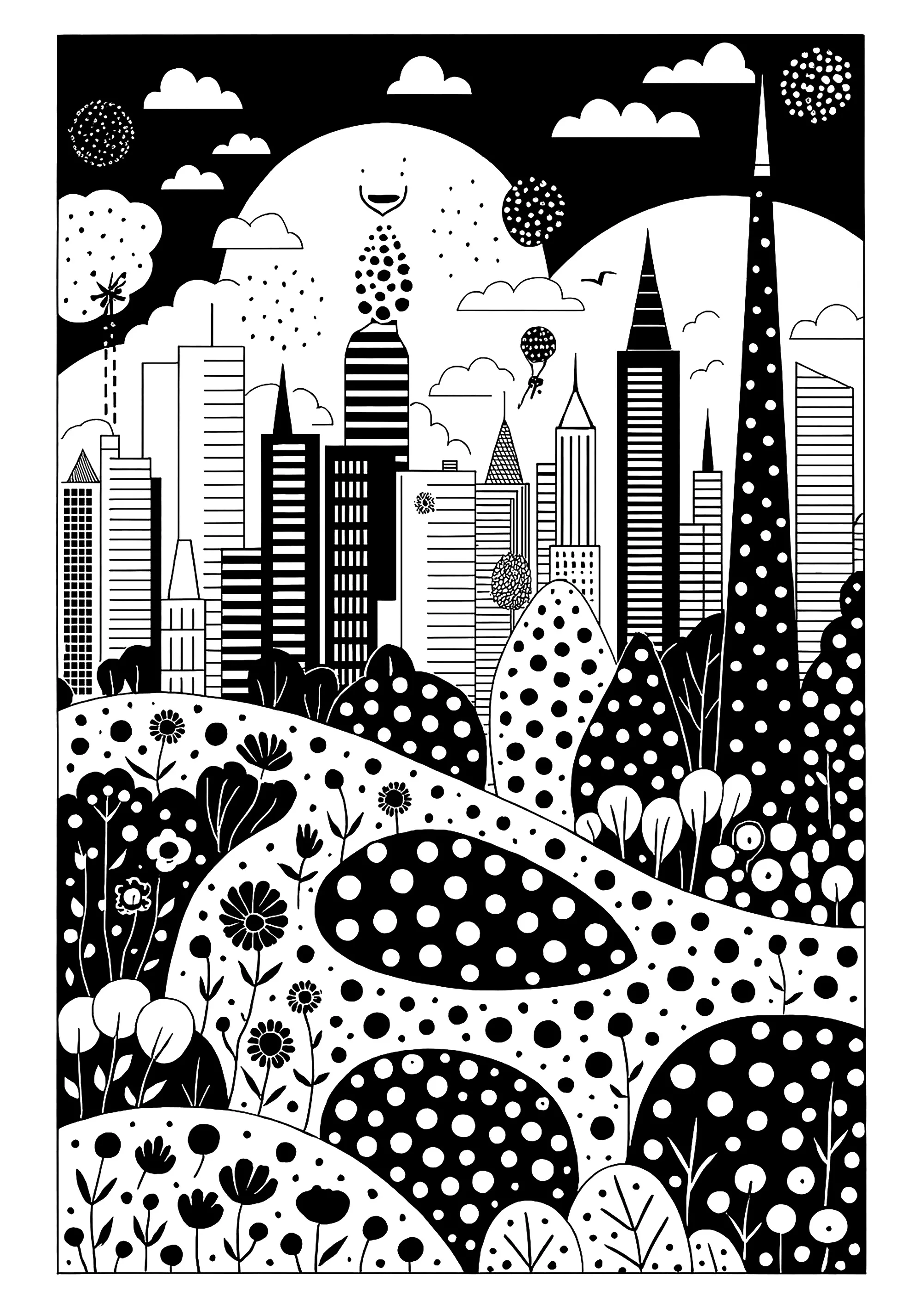 Stilisierte Zeichnung der Stadt Shanghai (Ausmalbild von China und Asien zum Ausdrucken und Ausmalen für Erwachsene)
