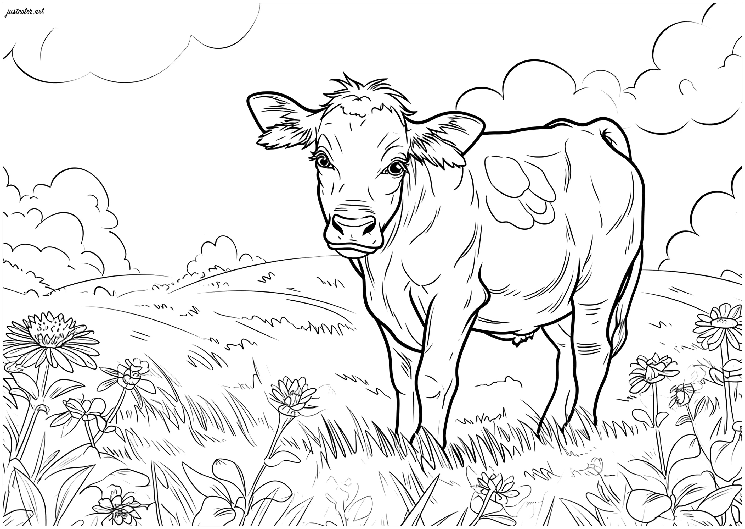 Kuh auf einem Feld - 3 (Ausmalbild von Kühe zum Ausdrucken und Ausmalen für Erwachsene)