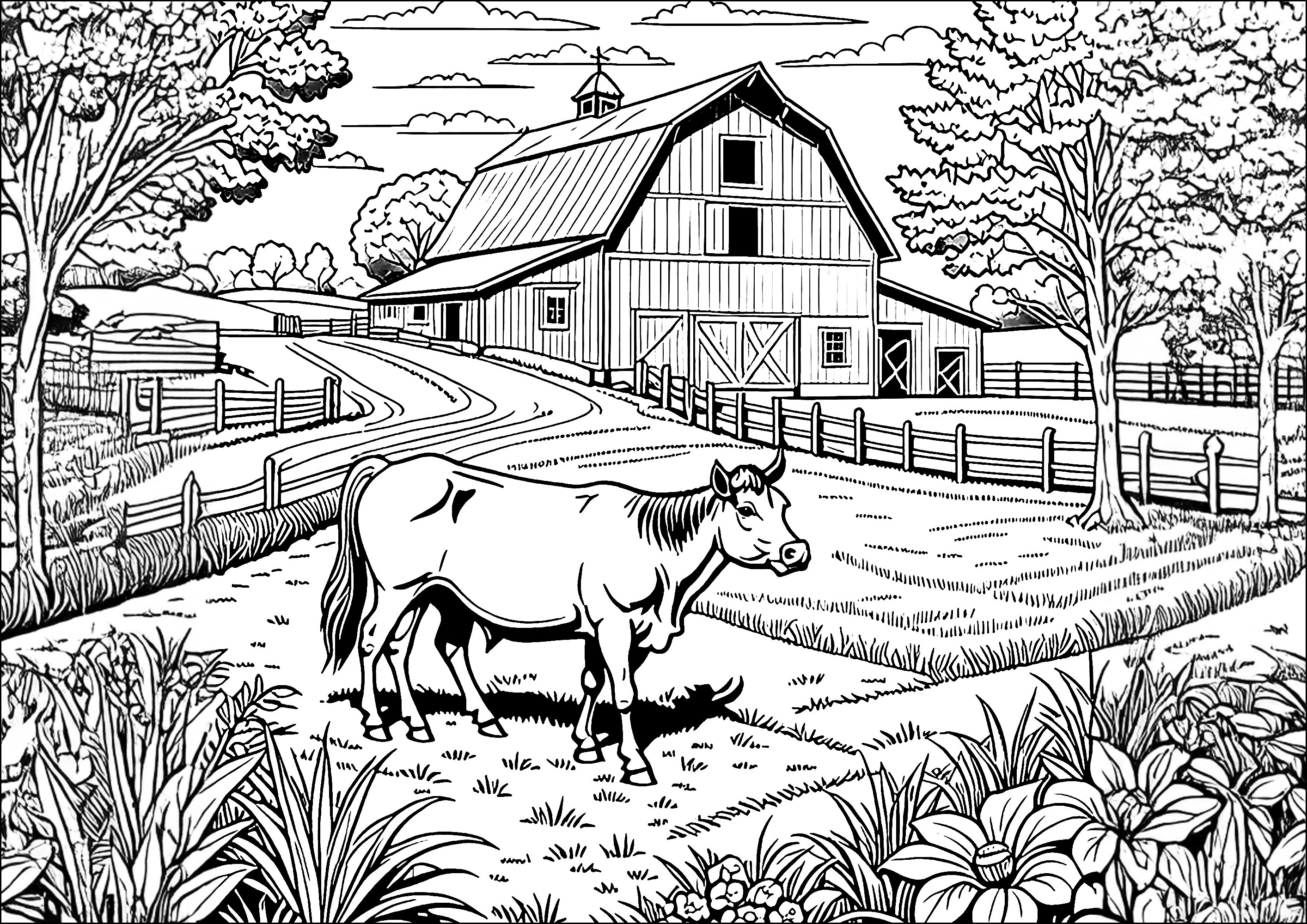 Eine Kuh macht einen gemütlichen Spaziergang auf einem Feld (Ausmalbild von Kühe zum Ausdrucken und Ausmalen für Erwachsene)