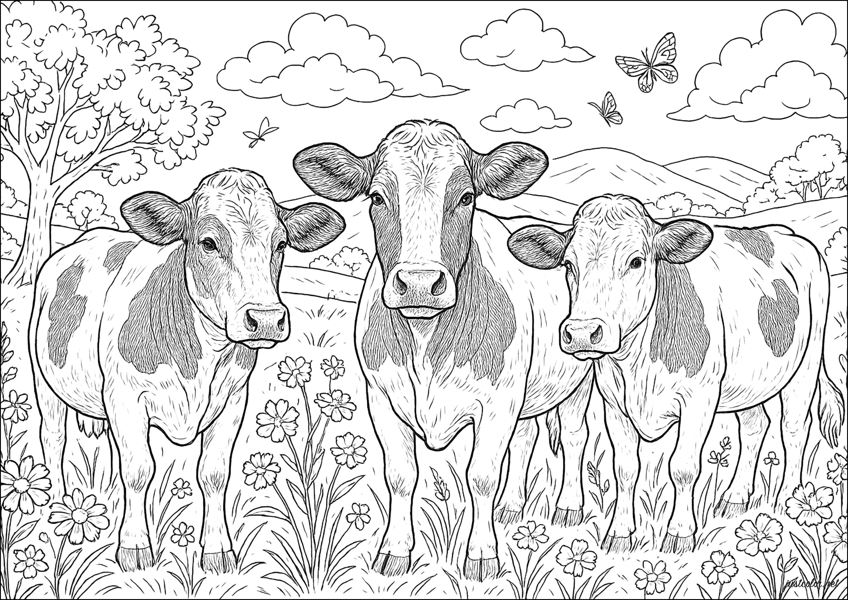 Rinder-Trio auf einer blumenreichen Wiese (Ausmalbild von Kühe zum Ausdrucken und Ausmalen für Erwachsene)