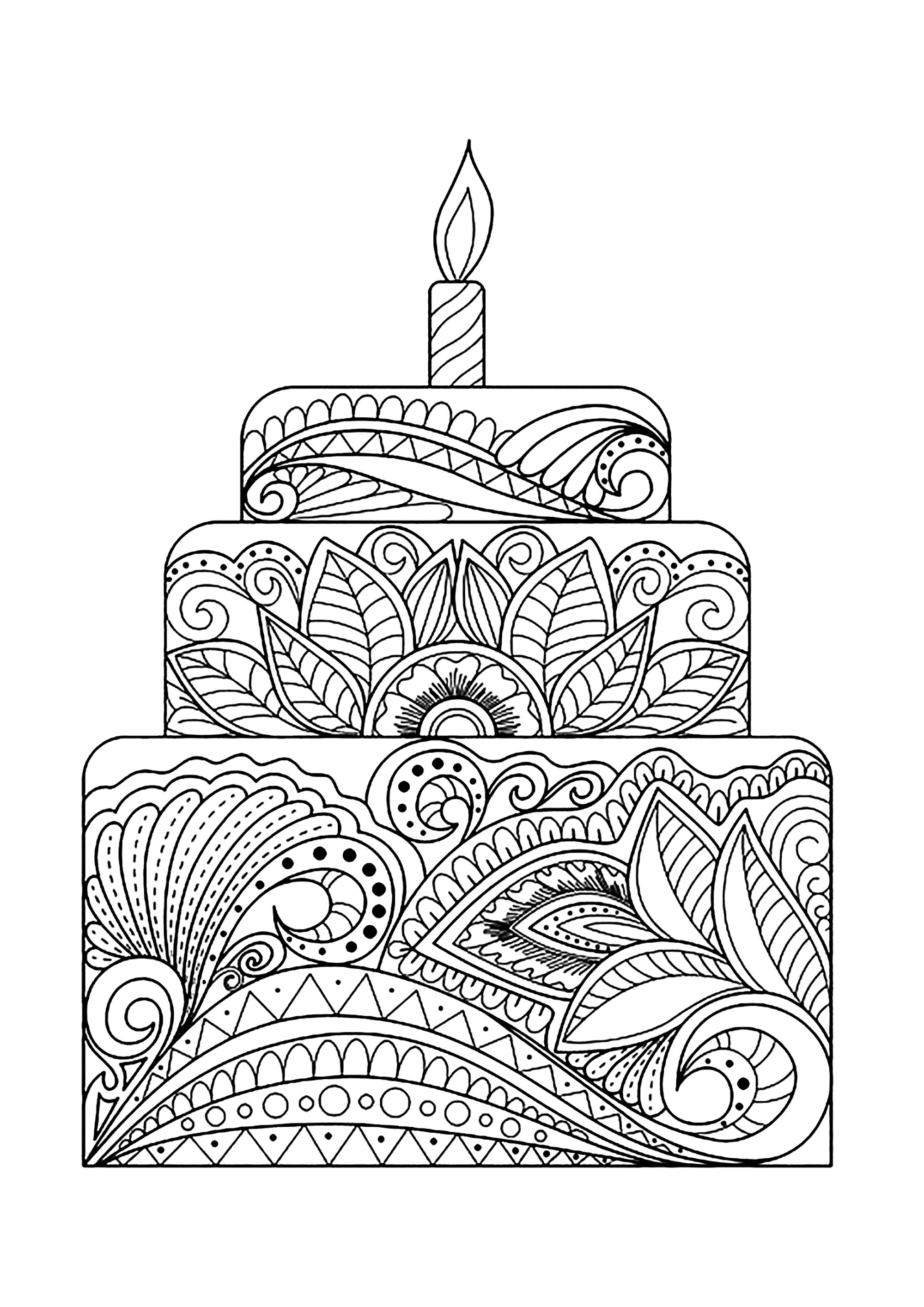 Große Blumentorte (Ausmalbild von Cupcakes zum Ausdrucken und Ausmalen für Erwachsene)