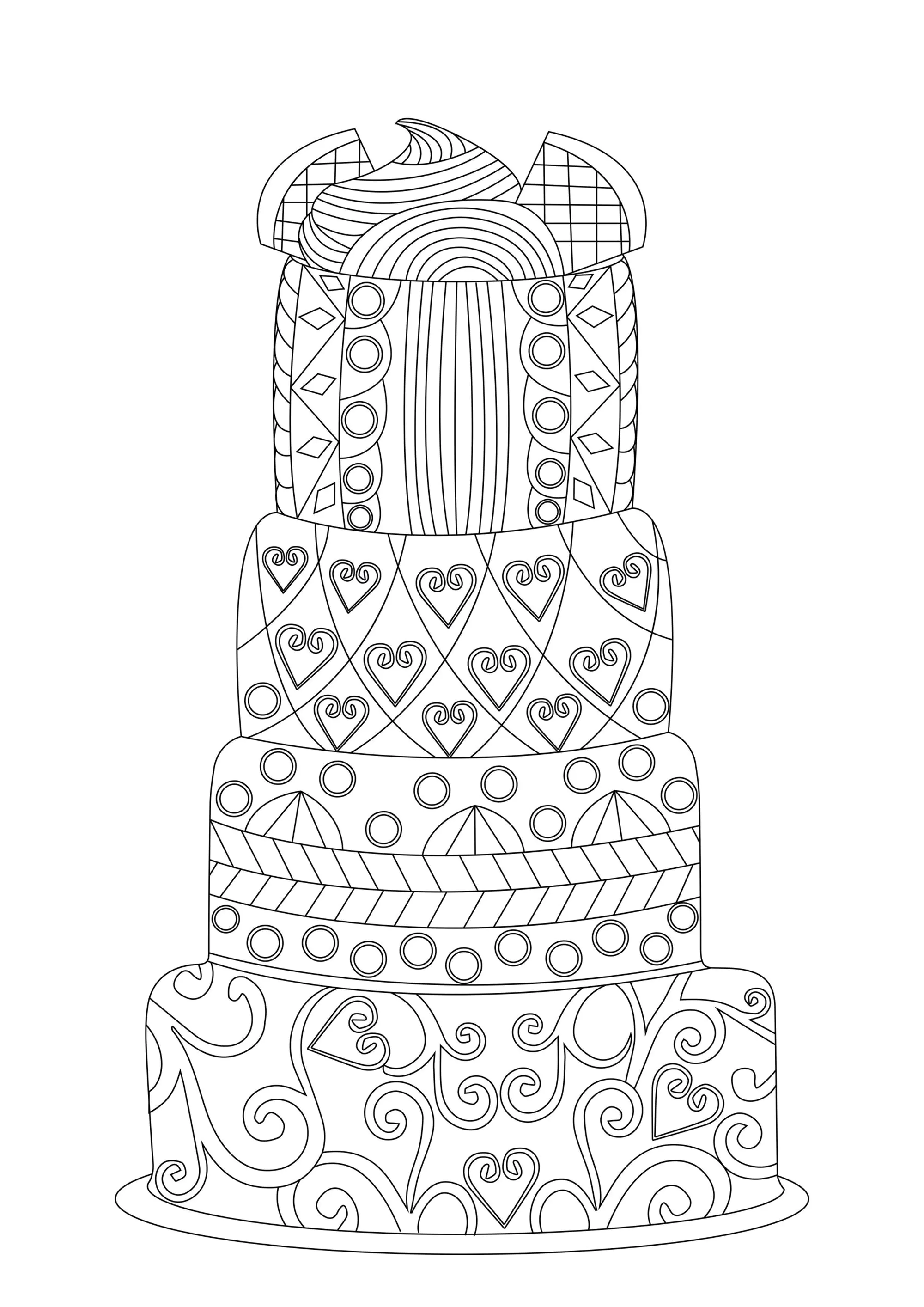 Große Spitzentorte (Ausmalbild von Cupcakes zum Ausdrucken und Ausmalen für Erwachsene)