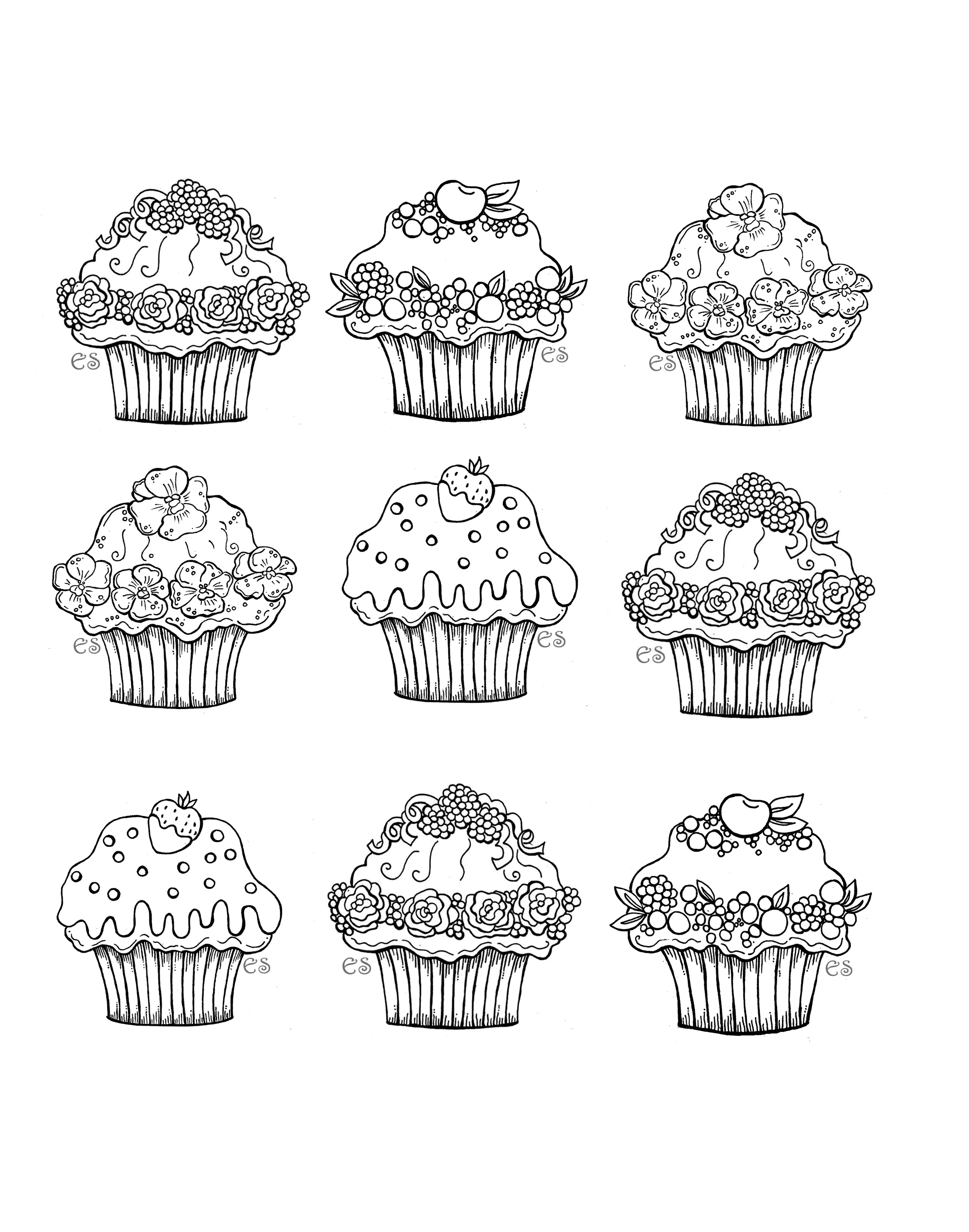 Sechs süße Cupcakes (Ausmalbild zum Ausdrucken und Ausmalen für Erwachsene)
