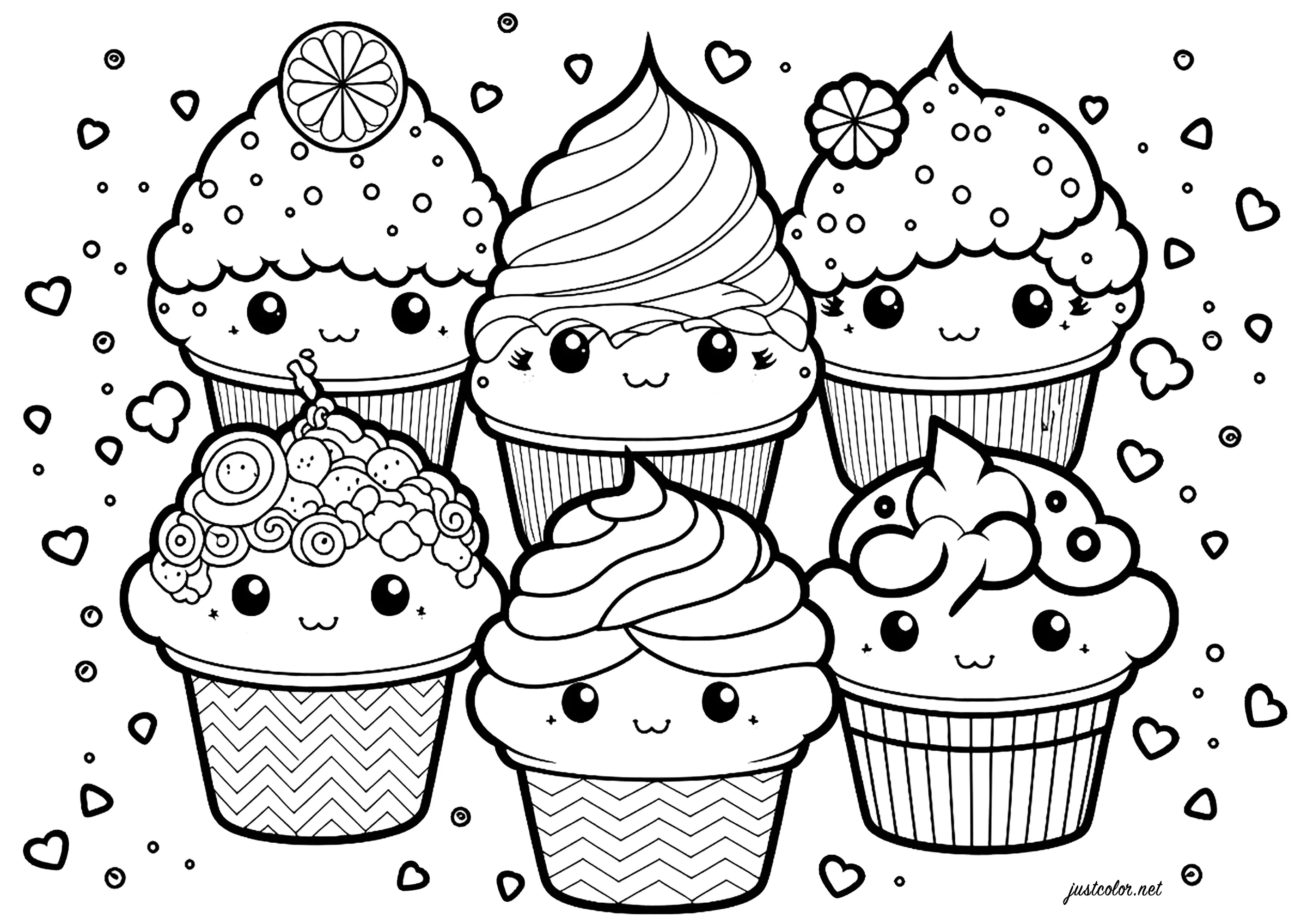 Lustige Kawaii-Cupcakes (Ausmalbild zum Ausdrucken und Ausmalen für Erwachsene)