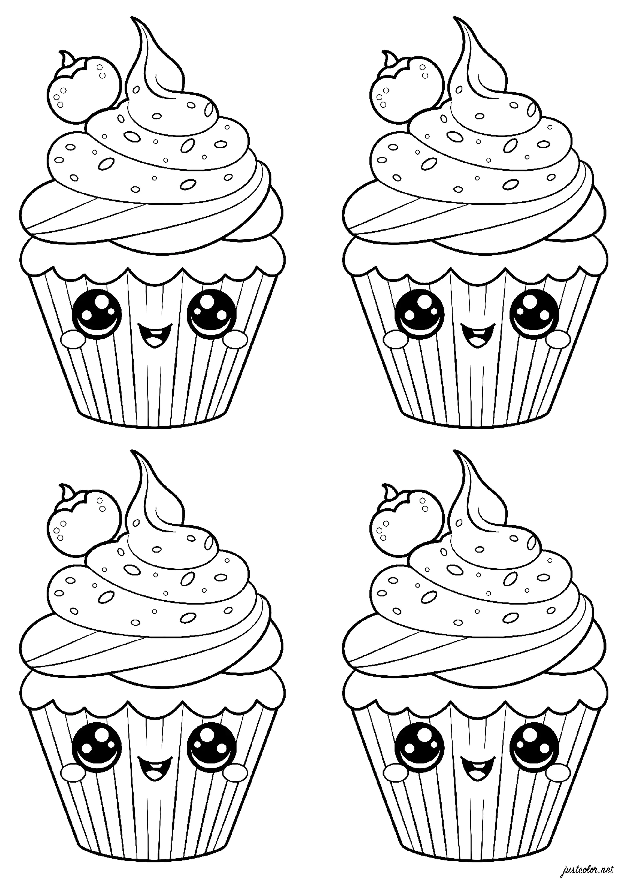 Vier süße Törtchen (Ausmalbild von Cupcakes zum Ausdrucken und Ausmalen für Erwachsene)